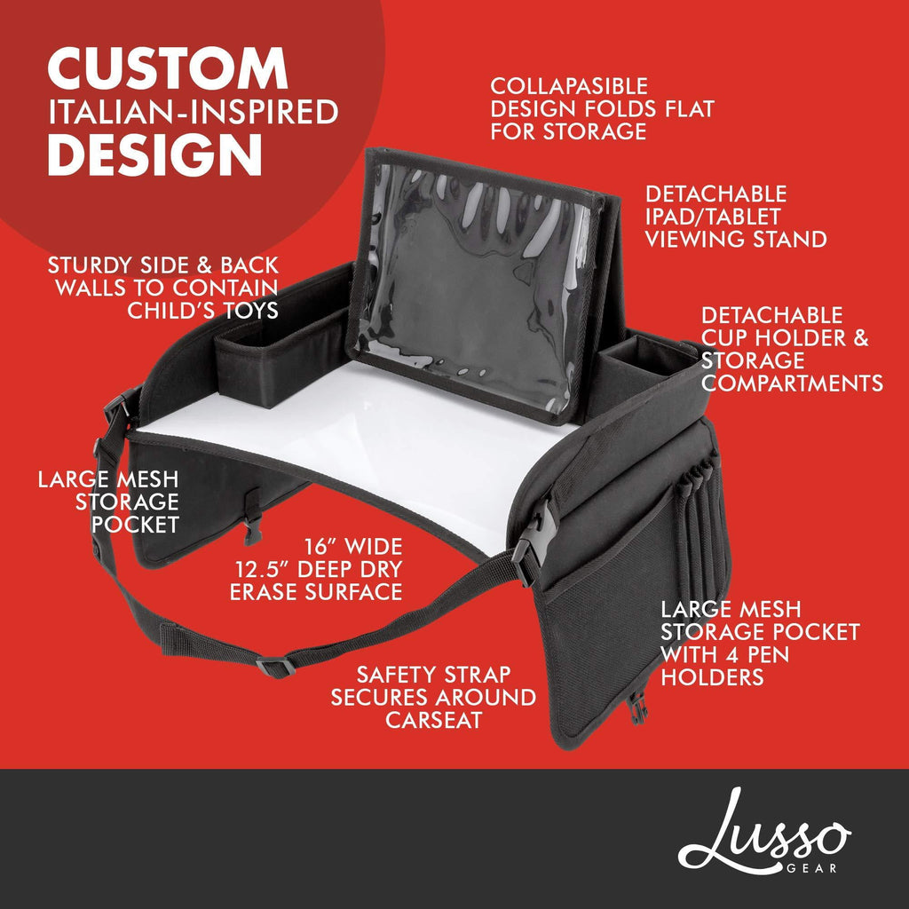 Lusso Gear | Kids Travel Activity Tray | For Car, Airplane, Booster Seat | Dry Erase Board, Displays Tablet, Storage Pockets | Black