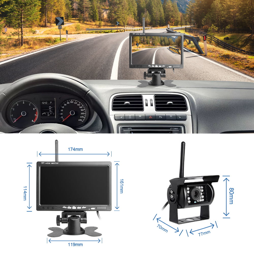 Podofo Wireless Vehicle Truck 2 Backup Parking Assistance System, Ir Night Vision Waterproof Rear View Camera + 7" Monitor for RV Truck Trailer Bus