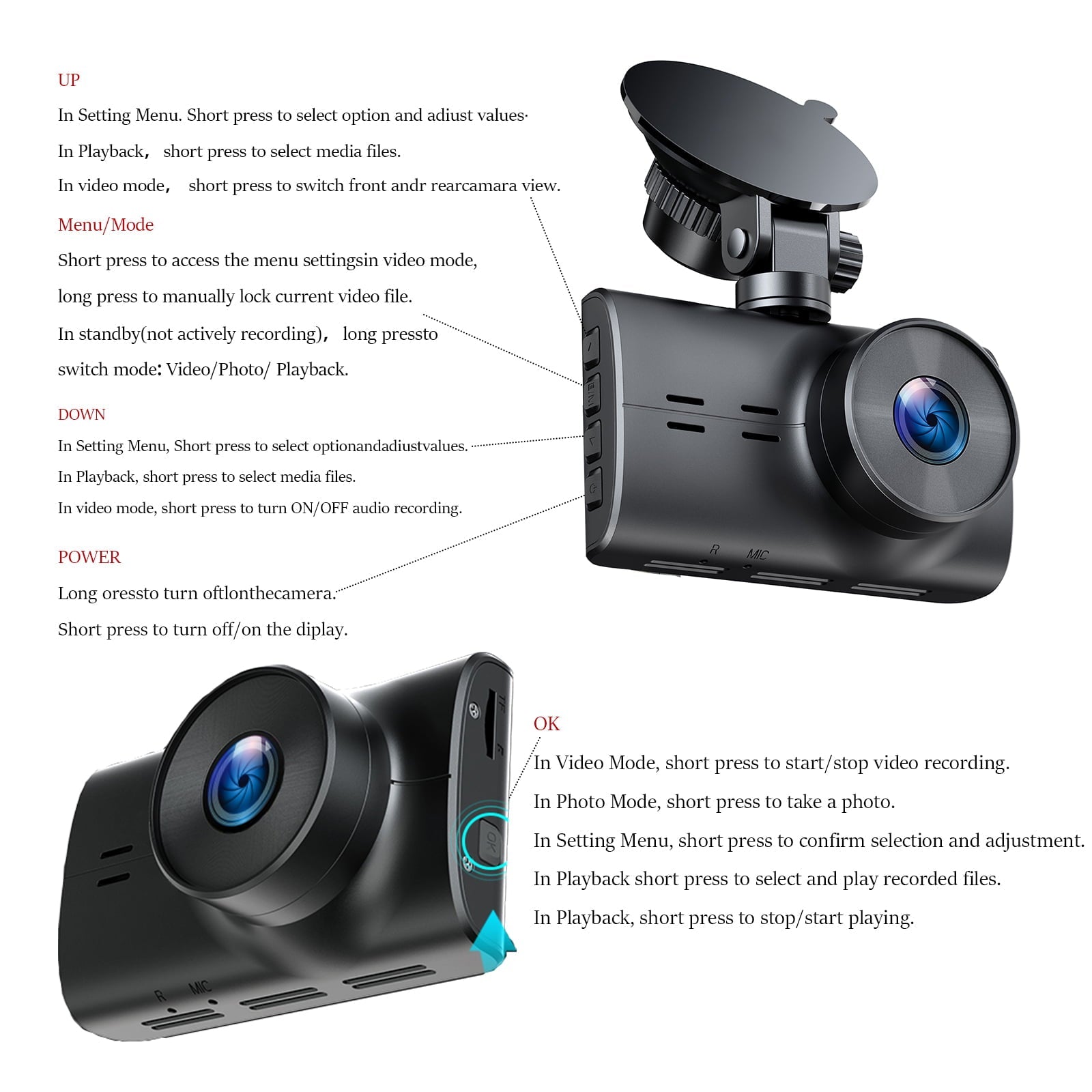 4K Dash Cam Front Rear Car Camera with Night Vision, Campark 3" IPS Screen Supercapacitor Camera for Car, with Parking Monitoring, Loop Recording, G-Sensor, Screen Saver