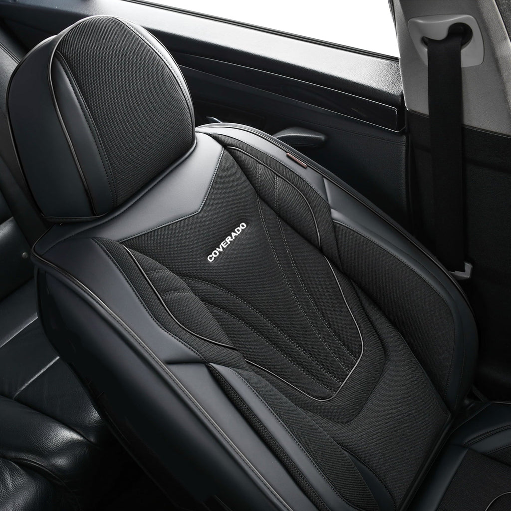 Coverado Seat Cover Full Set, Front and Back Car Seat Protectors, 5 Seats Car Seat Cushions, Breathable Magna Fabric Leather, Universal Fit for Most Cars, SUVs and Trucks, Black
