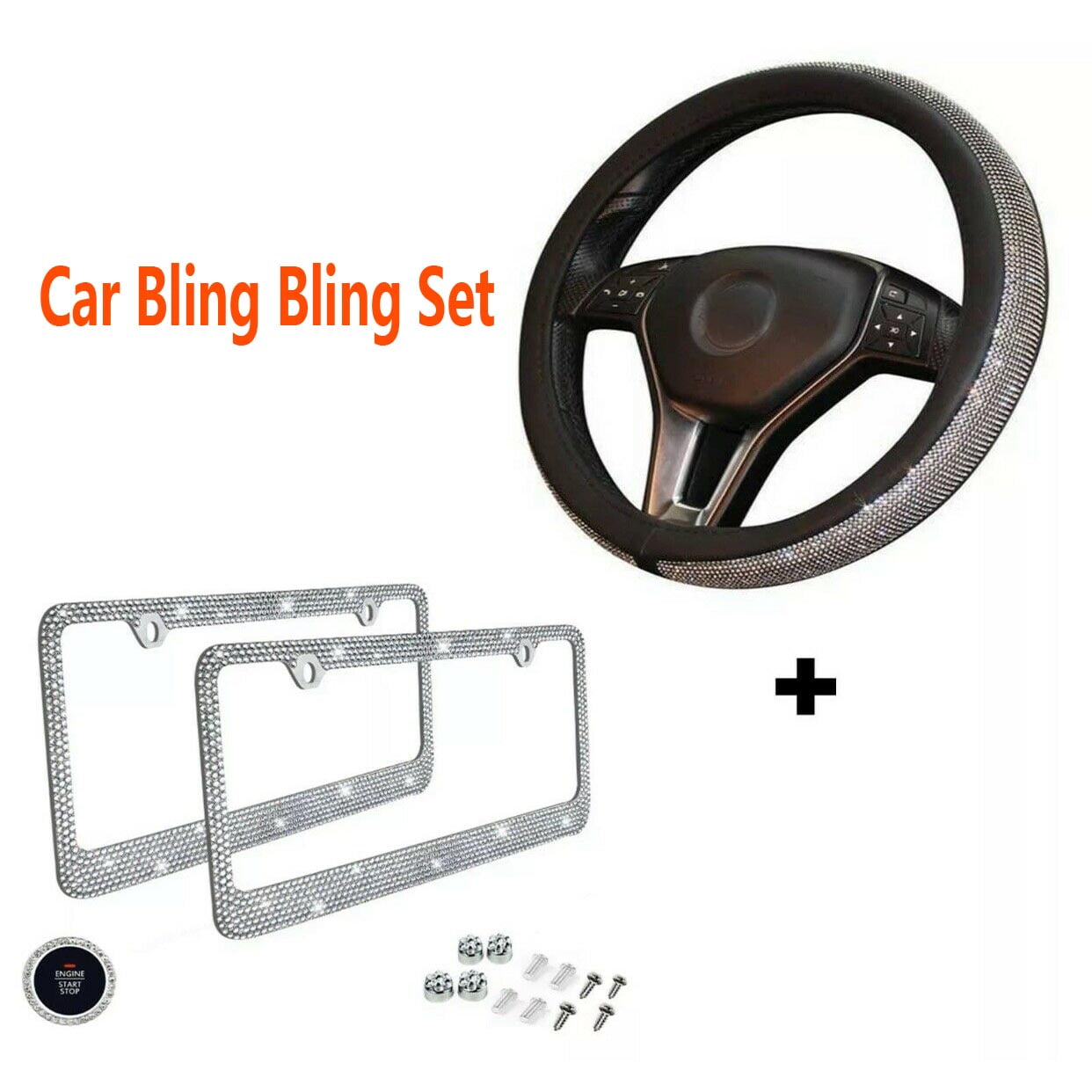 Bling Car Accessories Set, Bling Steering Wheel Cover for Women Universal Fit 15 Inch, Bling License Plate Frame for Women