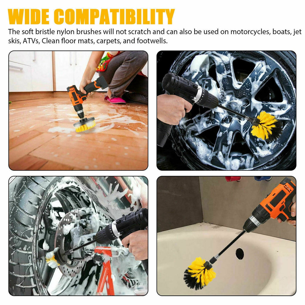 Gecheer 4Pcs Detailing Drill Brush Kit Car Wash Brush Hard Bristle Drill Auto Scrubber Detailing Cleaning Tool
