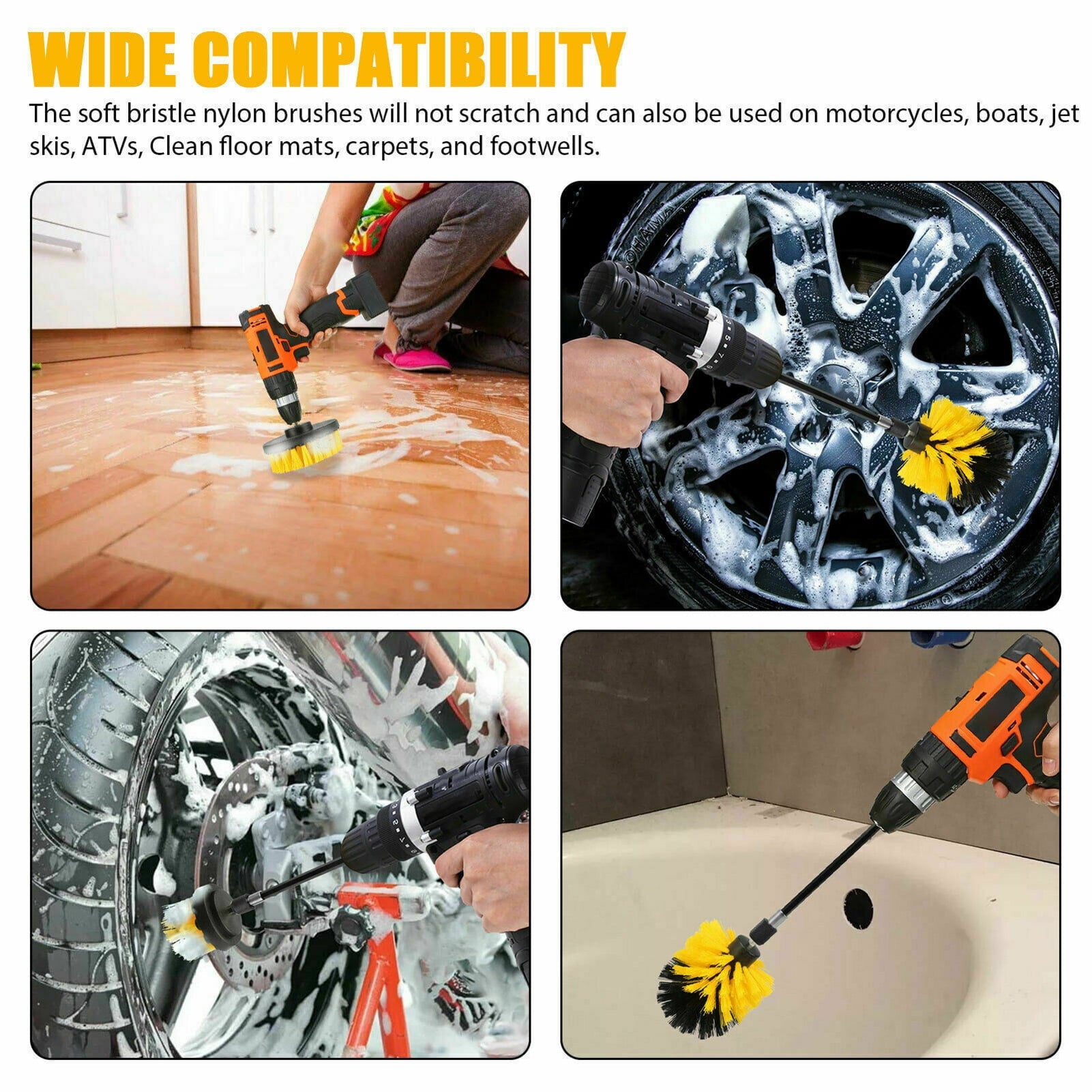 Gecheer 4Pcs Detailing Drill Brush Kit Car Wash Brush Hard Bristle Drill Auto Scrubber Detailing Cleaning Tool