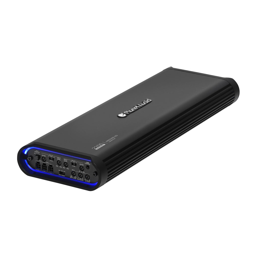 Planet Audio MB2200.5D Mini Bang Series Car Audio Amplifier - 2200 High Output, 5 Channel, Class D, 2 Ohm, Low/High Level Inputs, Low/High Pass Crossover, Full Range, Hook Up To Stereo and Subwoofer