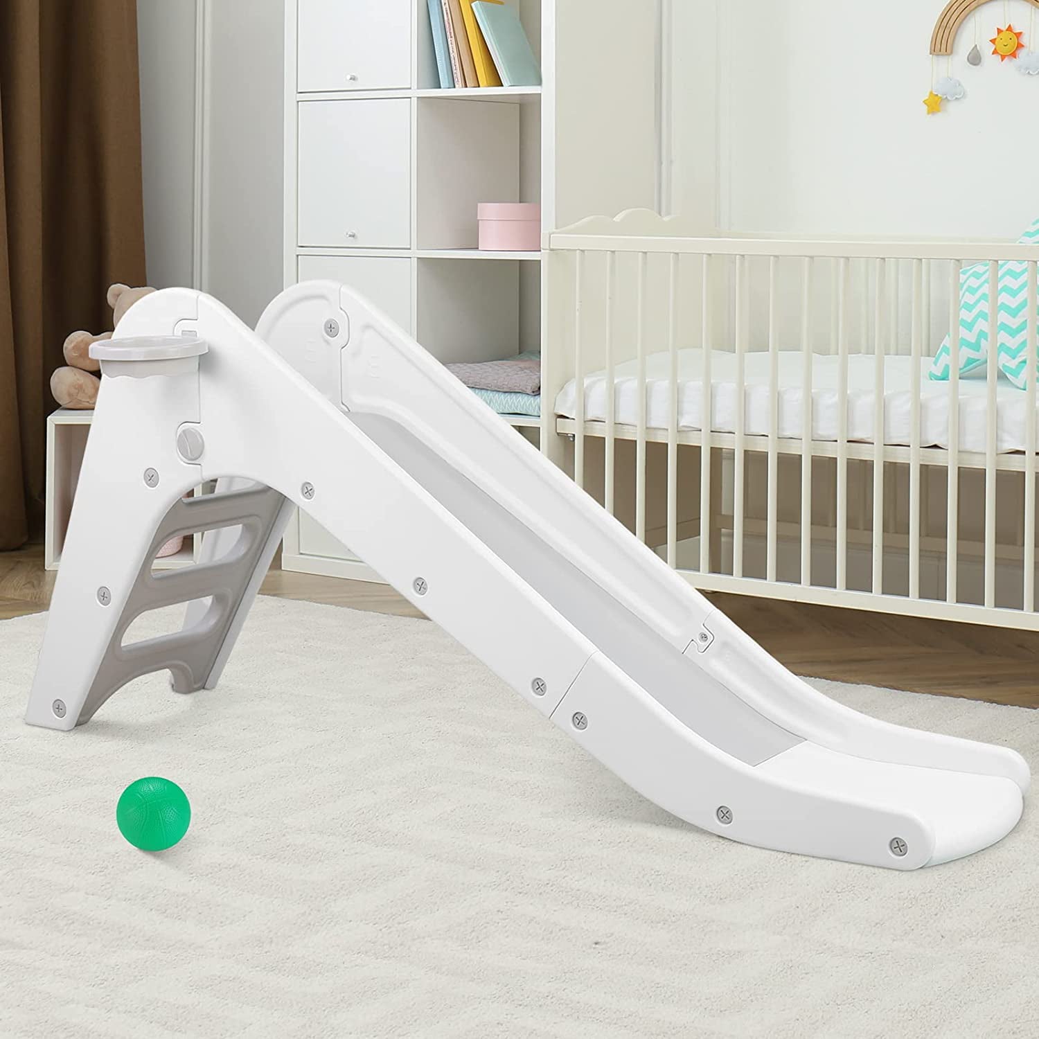 Arlopu Sturdy Kids Slide, Toddler Slide Play Climber with Basketball Hoop & Ball, Indoor Outdoor Playground Playset