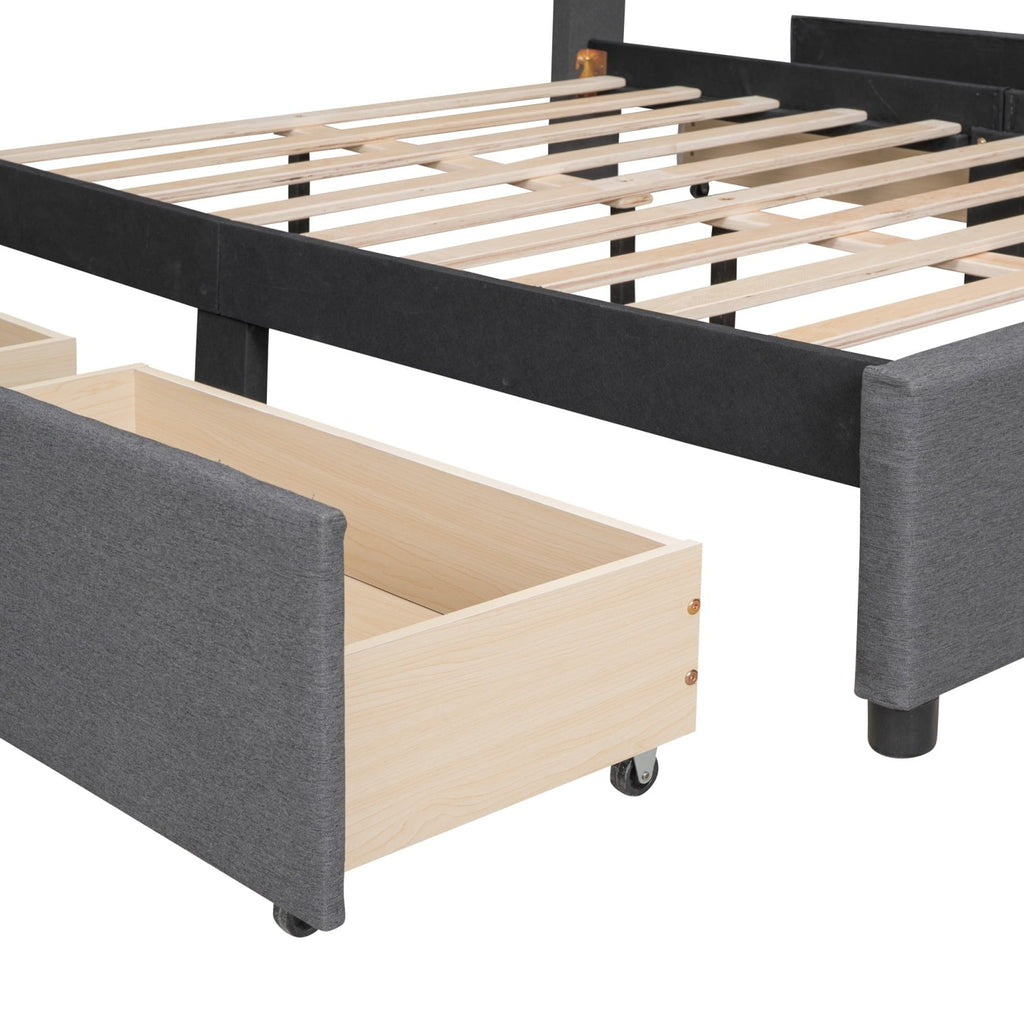 Upholstered Platform Bed with 4 Storage Drawers, Full Size Storage Platform Bed Frame with Brick Pattern Heardboard and Wood Slats Support for Bedroom Dorm Apartment, No Box Spring Needed, Gray