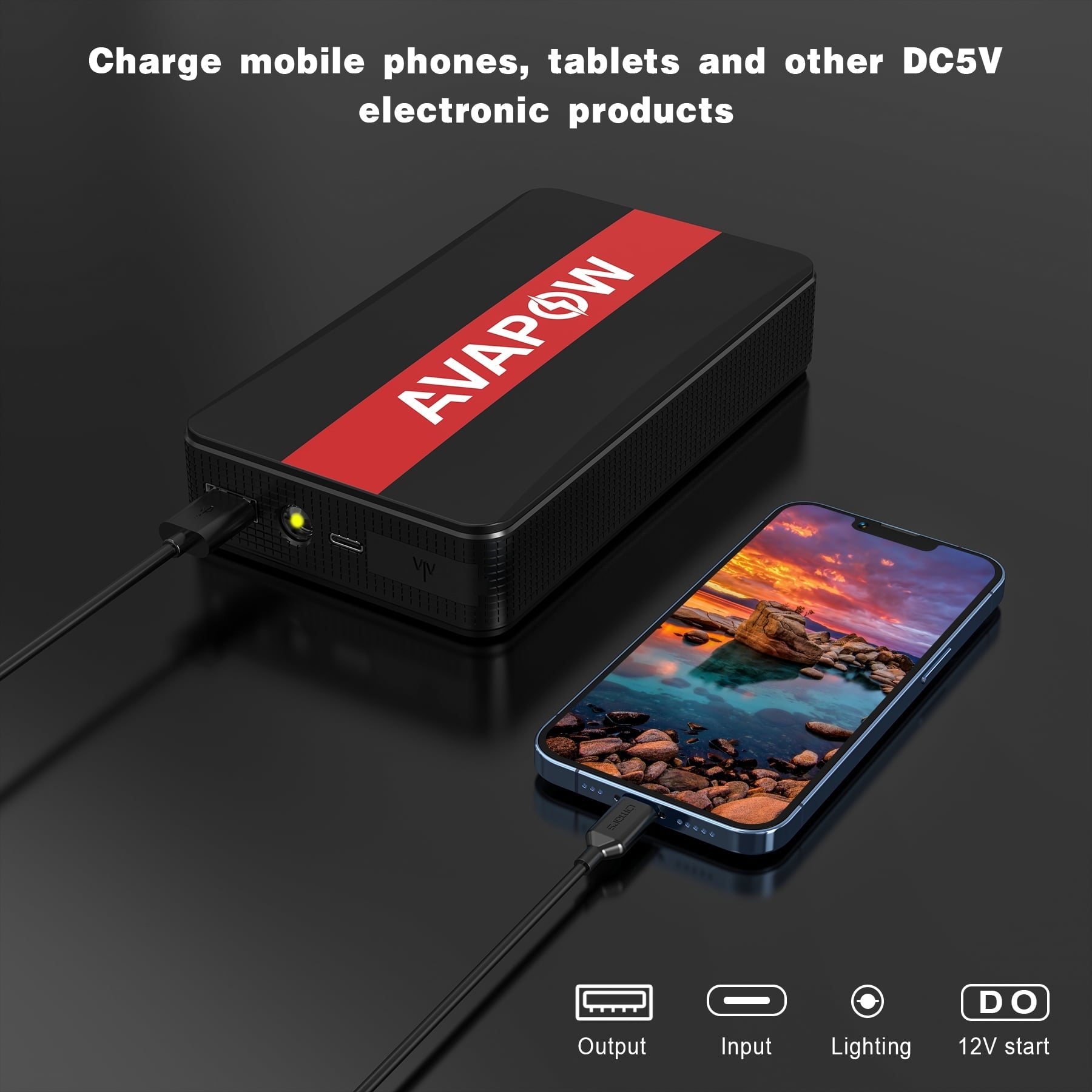 AVAPOW Car Jump Starter - 1000A Peak 12V Battery Jump Starter (up to 7.0L Gas) Booster Pack - Power Bank with Built-in LED Light