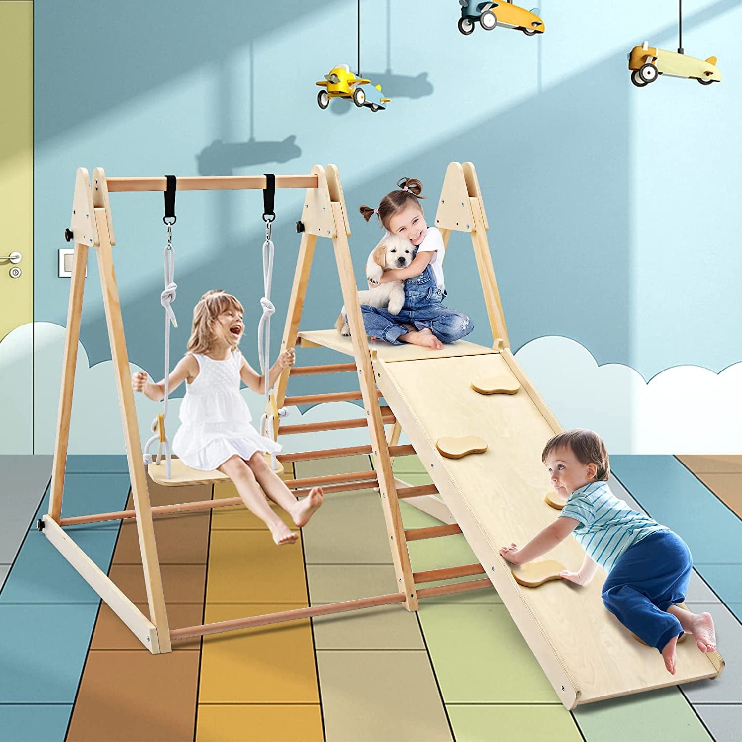 OLAKIDS Toddlers Triangle Climbing Set, 4 in 1 Foldable Kids Wood Montessori Climber Ladder with Ramp, Slide and Swing, Indoor Outdoor Playground Jungle Play Gym Structure for Boys Girls
