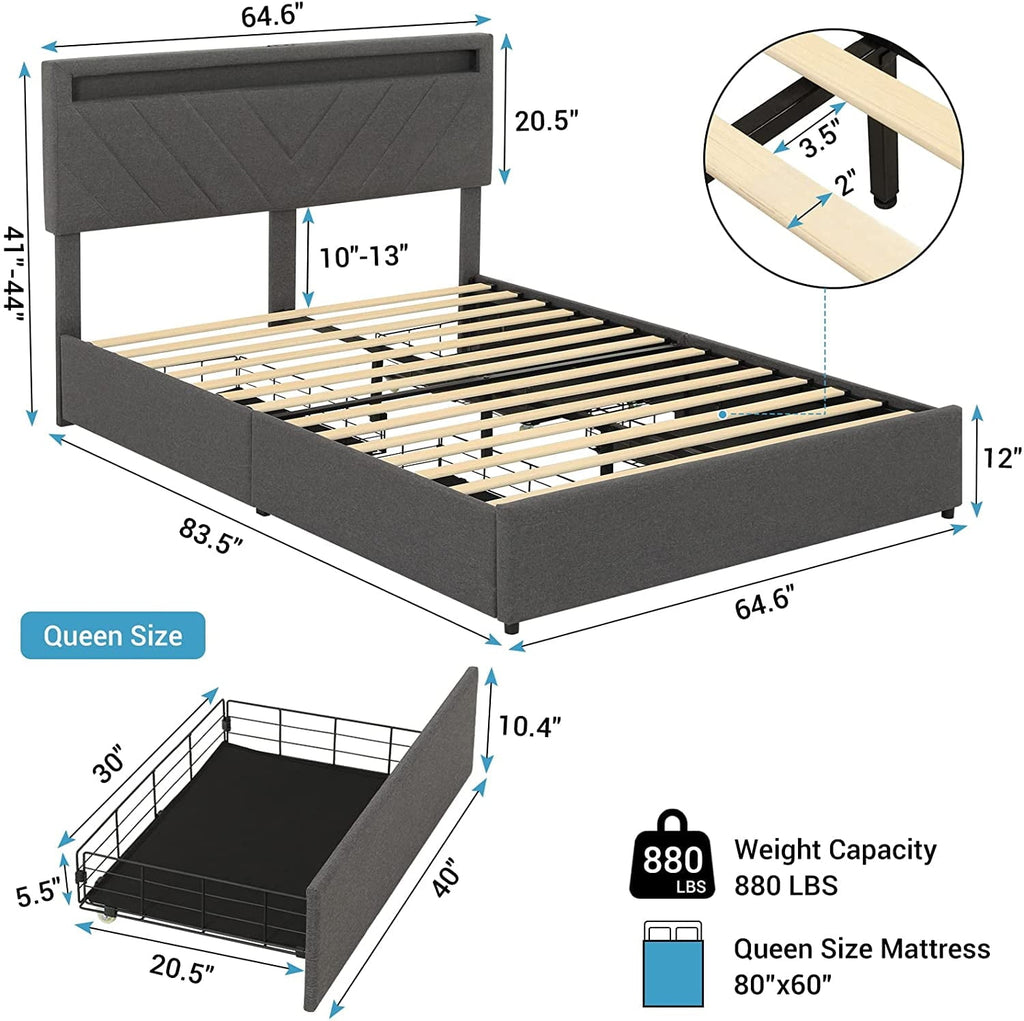 Adorneve Queen Bed Frame with LED Lights Headboard, 4 Drawers,2 USB Charging Station, Upholstered Platform Bed, Dark Gray