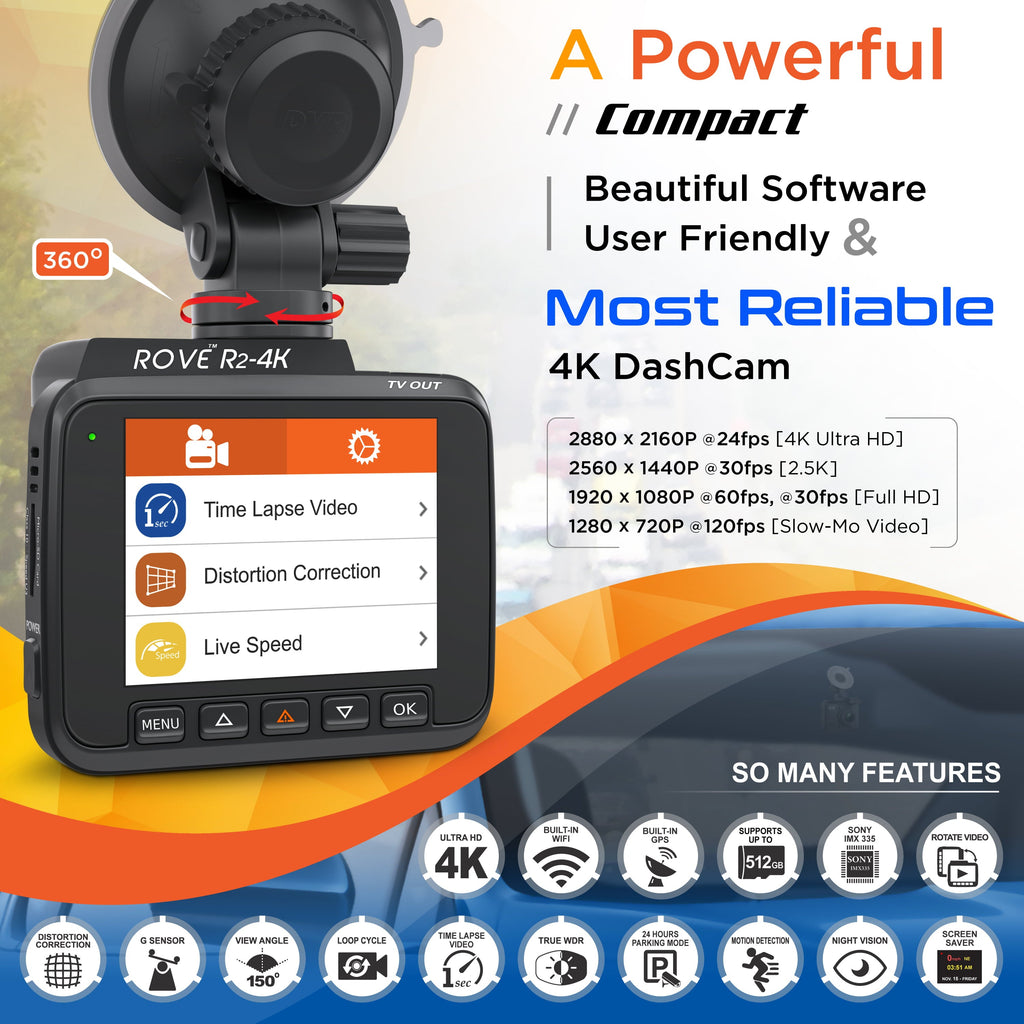 Rove R2-4K Dash Cam for Car - Built-in WiFi GPS Car Dashboard Camera Recorder with UHD 2160P, 2.4" LCD Display, 150° Wide Angle, WDR, Night Vision