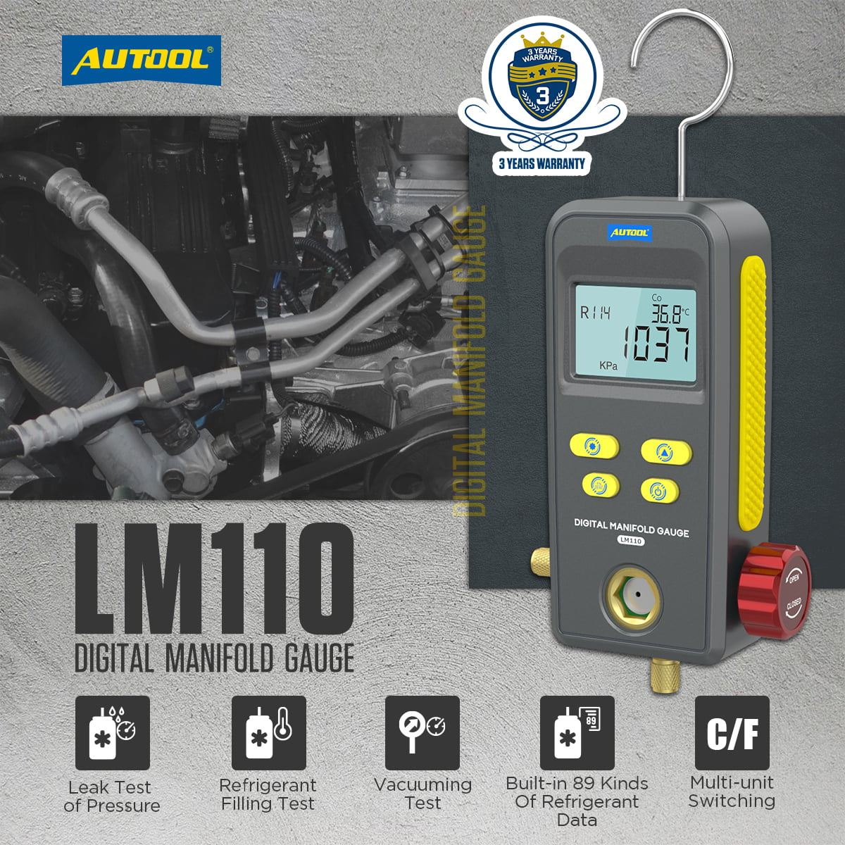 AUTOOL Refrigeration Digital HVAC Vacuum Pressure Manifold Tester, Pressure Gauge, Air-Conditioning HVAC Tools, r134a Refrigerant Recharge Kit, LM110
