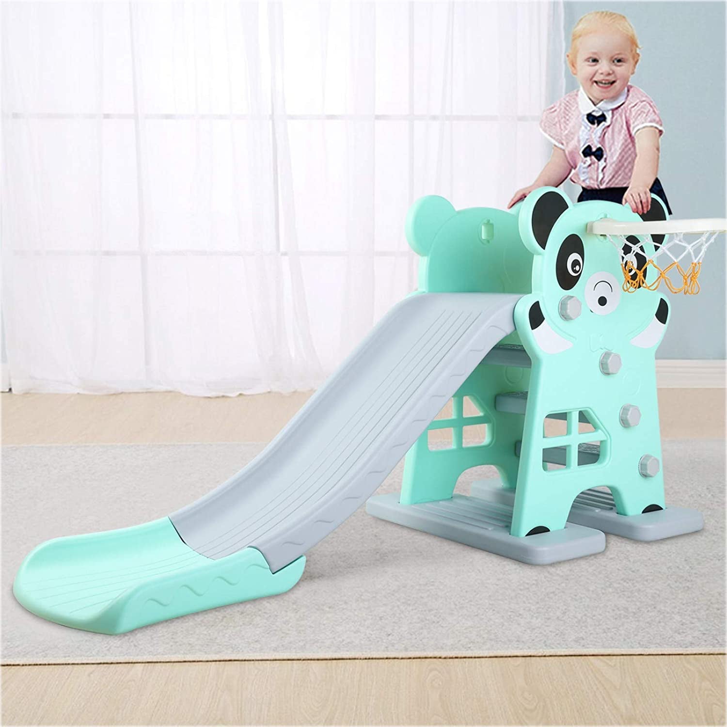 LAZY BUDDY Sturdy Kids Slide with Basketball Hoop & Ball, Toddler Slide Play Climber Outdoor Indoor Playground