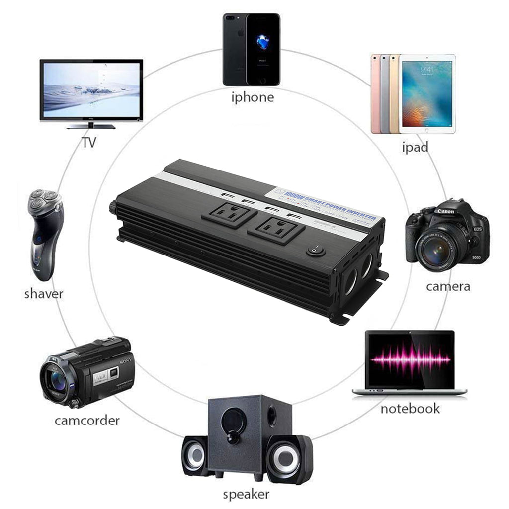 1000W Power Inverter 12V to 110VAC US Outlet 2.4A USB Port  Indicate Black