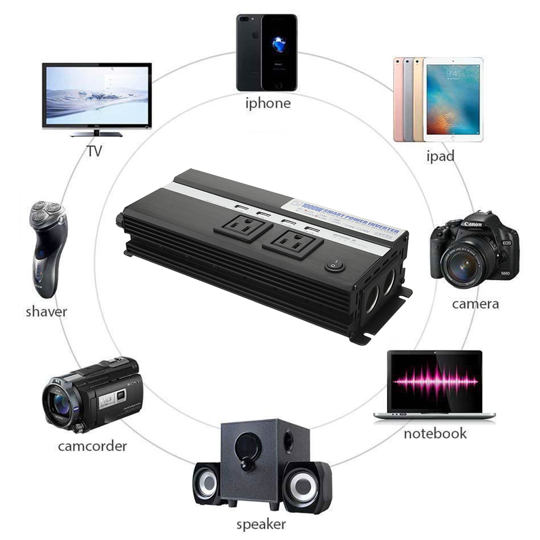 1000W Power Inverter 12V to 110VAC US Outlet 2.4A USB Port  Indicate Black