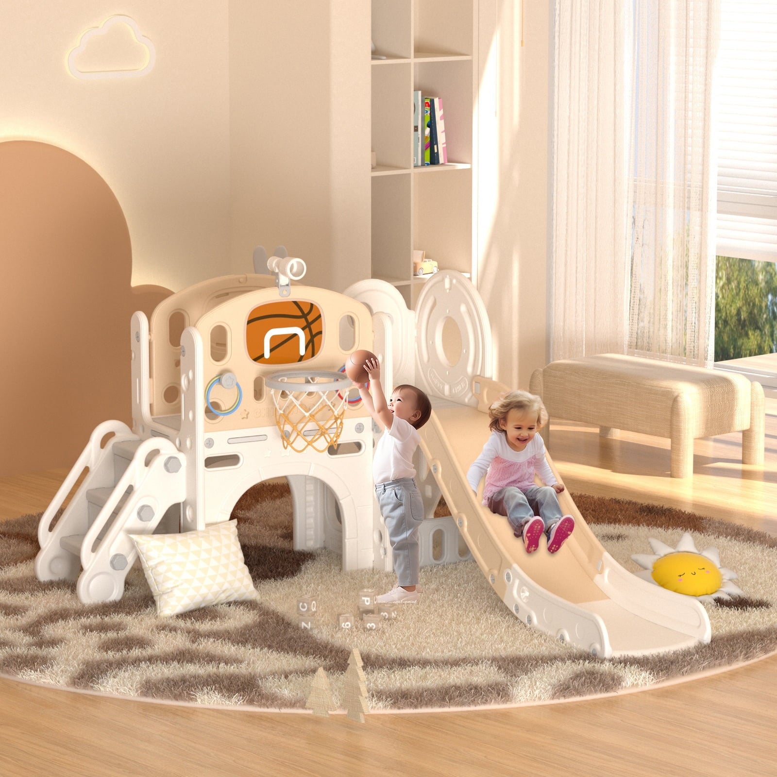 KORIMEFA 7-in-1 Kids Slide with Climber, Toddler Climber Slide Play Set with Basketball Hoop, Tunnel, Telescope and Storage Space, Indoor Outdoor Playground Slide