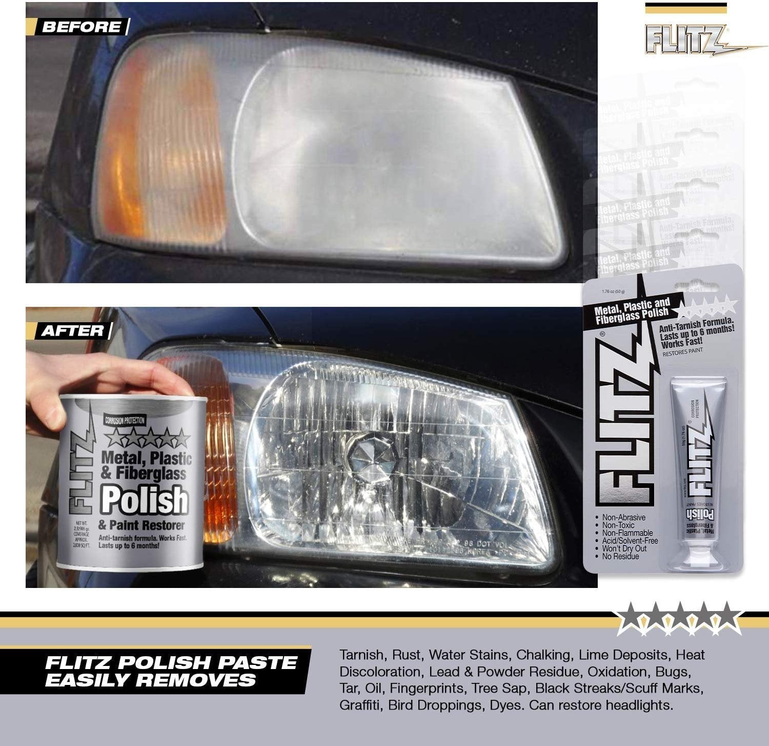 Flitz Multi-Purpose Polish and Cleaner Paste for Metal, Plastic, Fiberglass, Aluminum, Jewelry, Sterling Silver: Great for Headlight Restoration + Rust Remover, Made in the USA