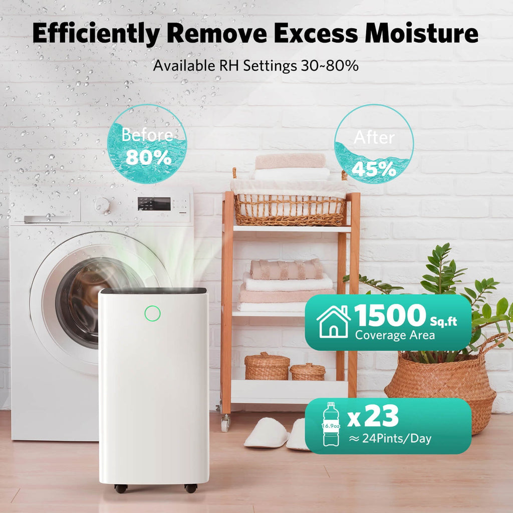 FREE VILLAGE Dehumidifier, 24 Pint Dehumidifiers Intelligent Humidity Control for Home Up to 1500 Sq. Ft, Auto Drainage, Digital Control Panel, 12 HrTimer, Dehumidifier for Basement, Bathroom, Bedroom