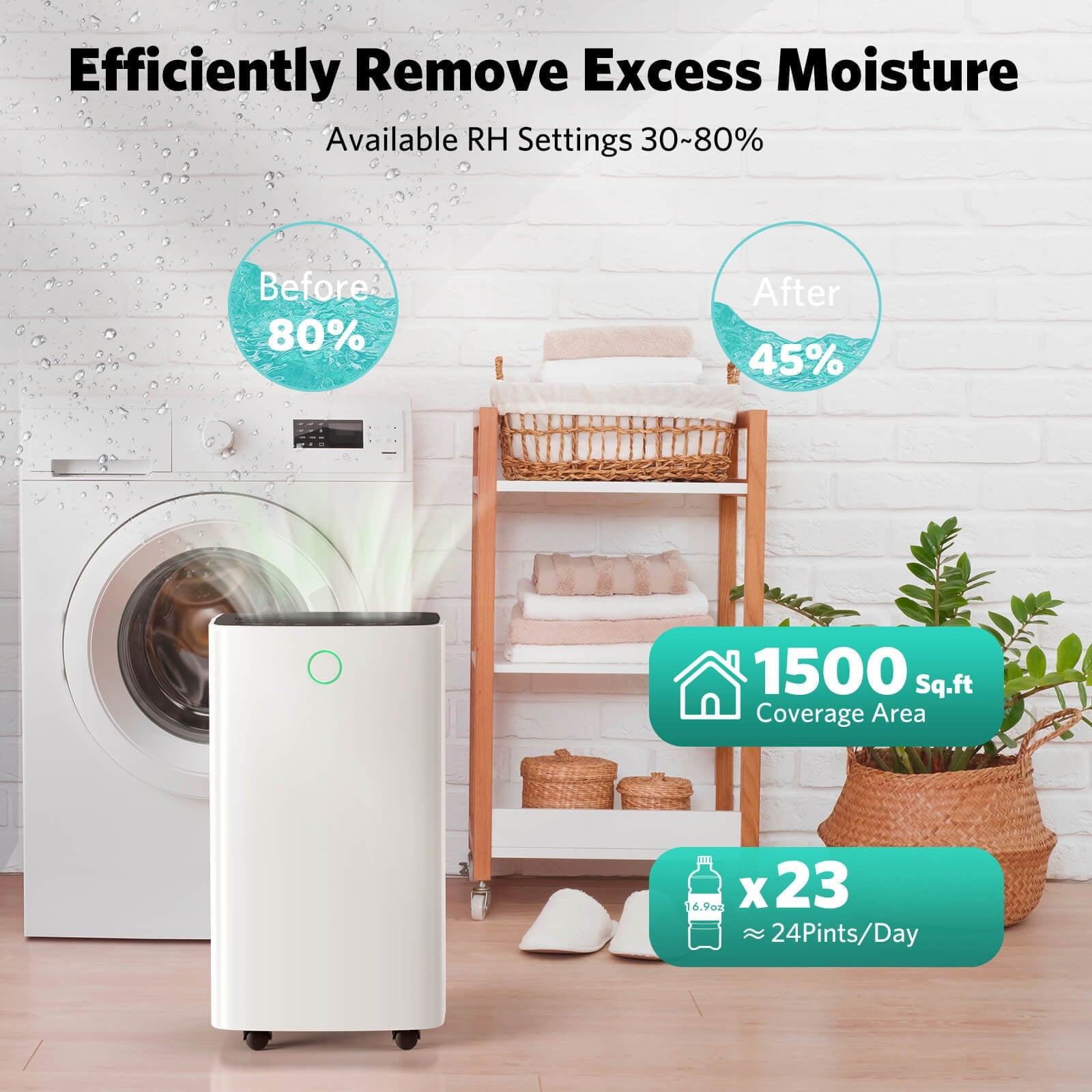 FREE VILLAGE Dehumidifier, 24 Pint Dehumidifiers Intelligent Humidity Control for Home Up to 1500 Sq. Ft, Auto Drainage, Digital Control Panel, 12 HrTimer, Dehumidifier for Basement, Bathroom, Bedroom
