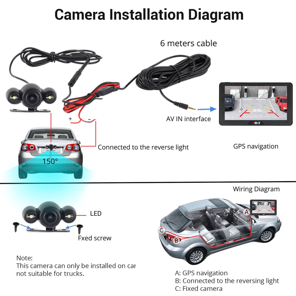 XGODY GPS Navigation Backup Camera 7"Touch Screen 8G 256M Car GPS Navigator with Bluetooth Parking Lane,Voice Guidance,Speed Camera Warning,Route Planning
