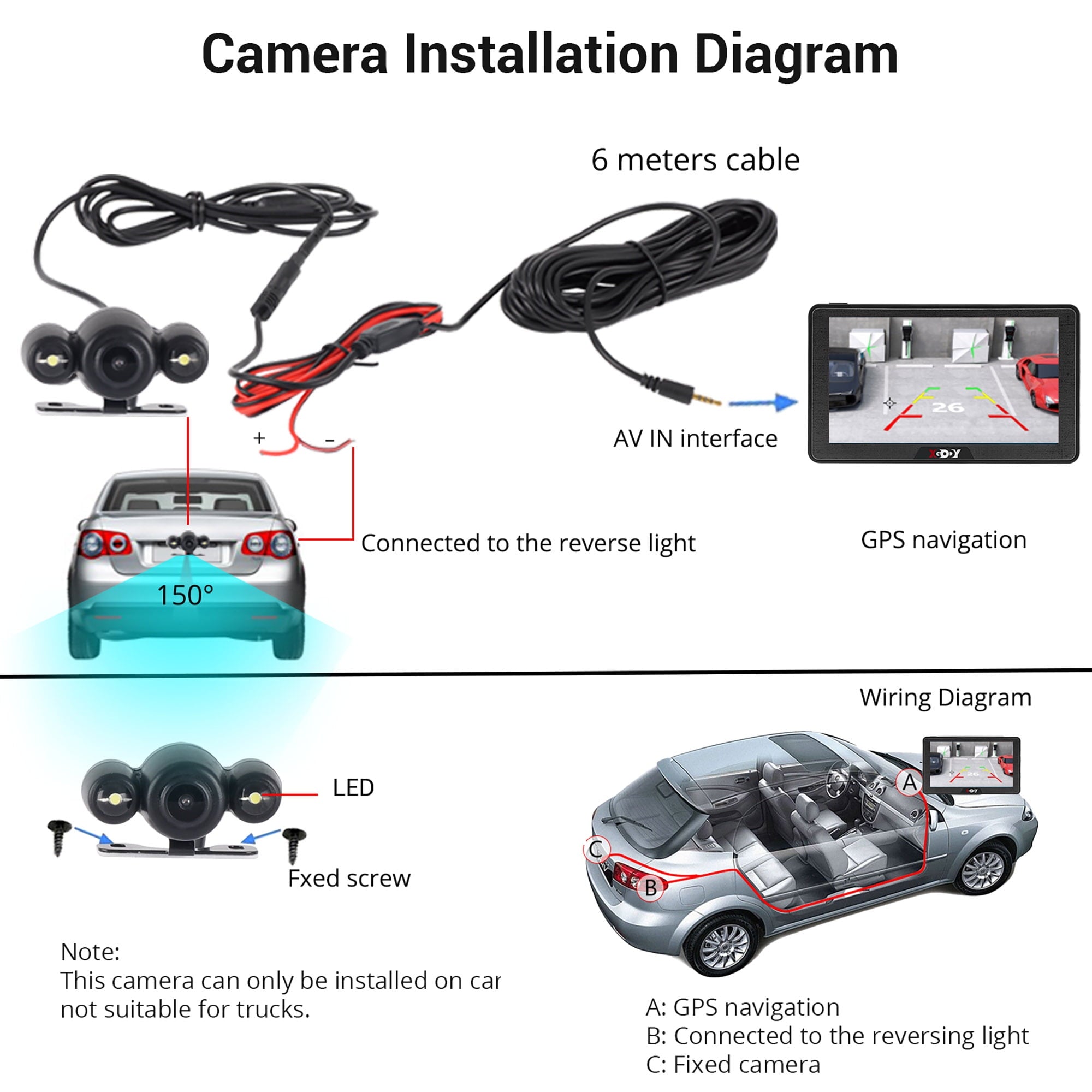 XGODY GPS Navigation Backup Camera 7"Touch Screen 8G 256M Car GPS Navigator with Bluetooth Parking Lane,Voice Guidance,Speed Camera Warning,Route Planning