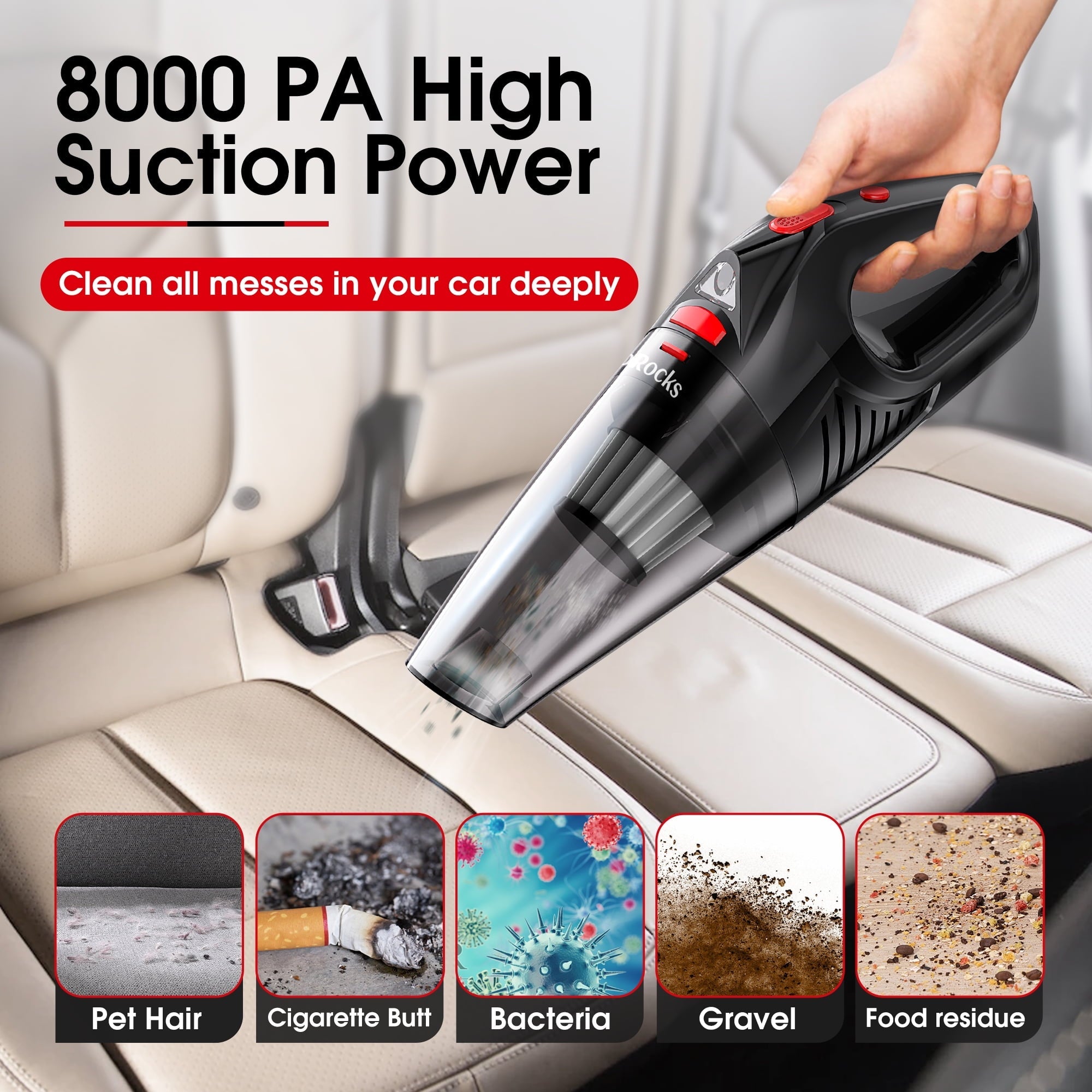 JoRocks Car Vacuum Cleaner Cordless, Portable Cyclone Handheld Vacuum with LED Lights for Home & Car, Black