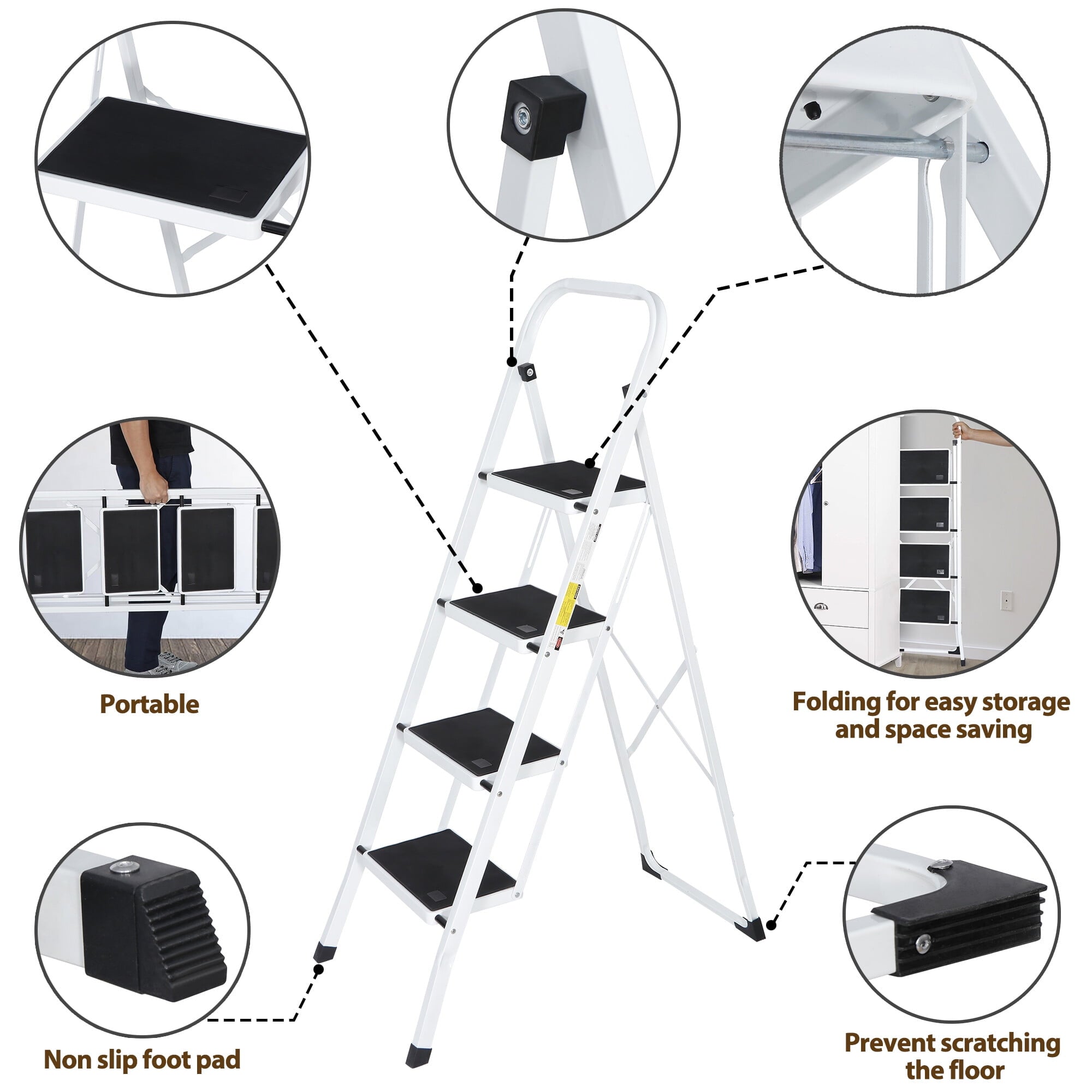 ZENSTYLE Folding 4-Step Ladder Anti-Slip Platform 330 lbs Capacity Portable Steel Frame