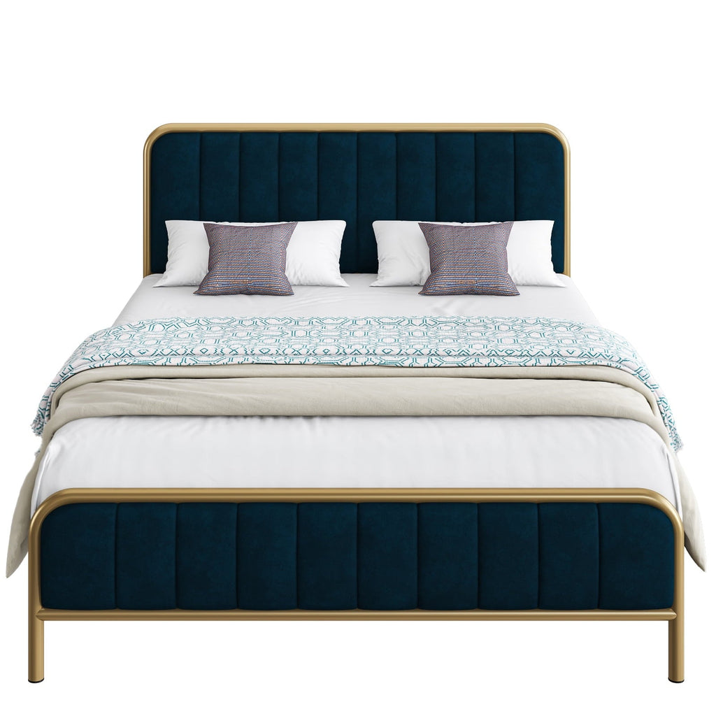 Homfa King Size Bed Frame, Round Metal Tube Heavy Duty Bed Frame with Tufted Upholstered Headboard, Gold and Blue