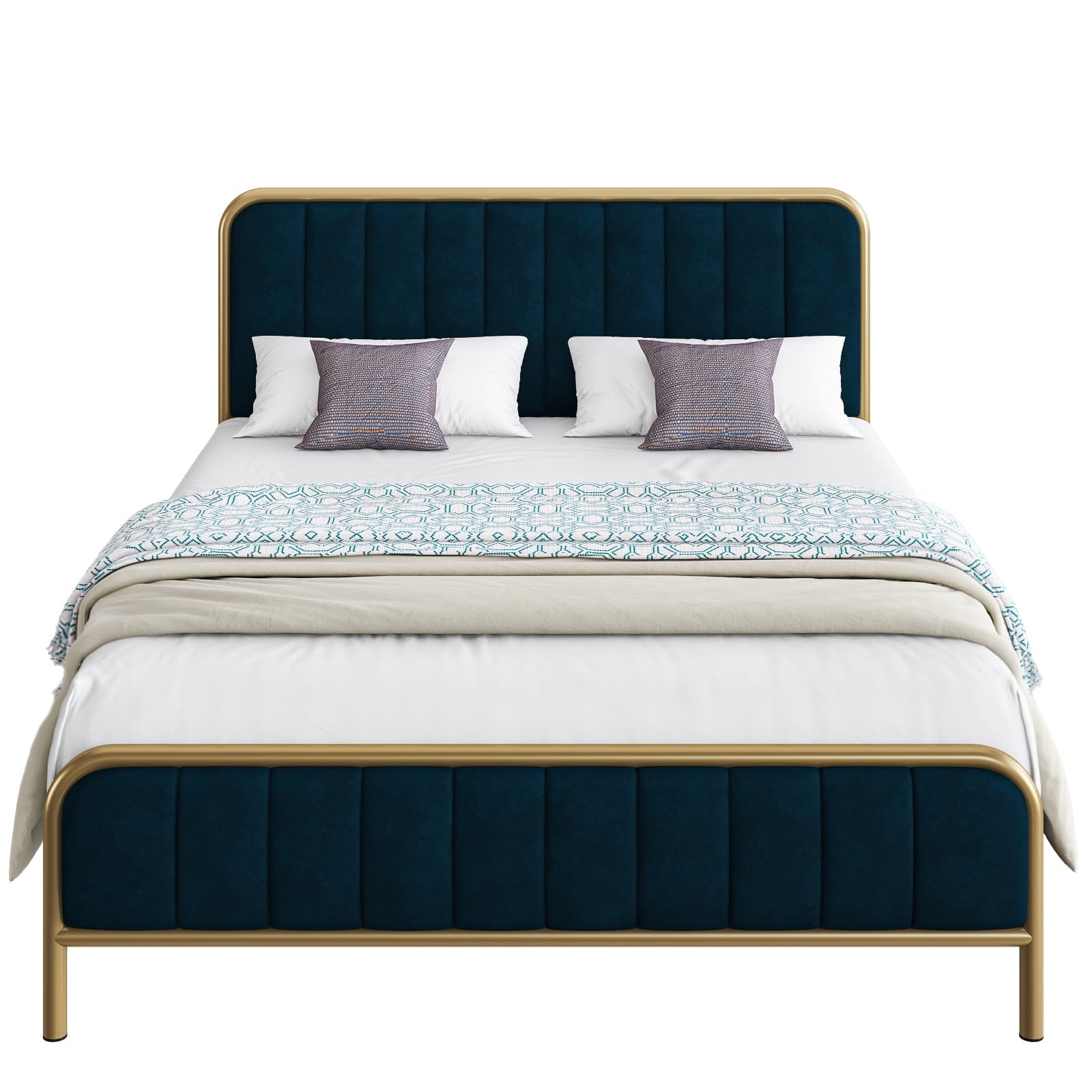 Homfa King Size Bed Frame, Round Metal Tube Heavy Duty Bed Frame with Tufted Upholstered Headboard, Gold and Blue