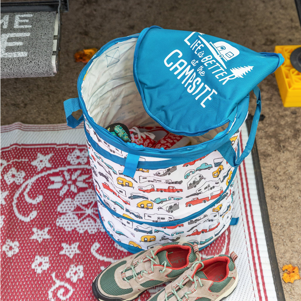 Camco Life is Better at the Campsite Pop-Up Container | Holds 13-Gallon Kitchen-Size Garbage Bag | Heavy-Duty PVC, Unique RV Pattern (42989)