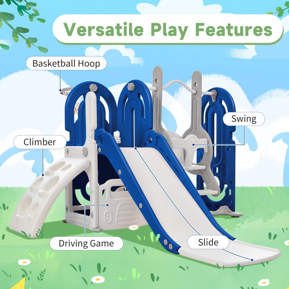 5 in 1 Toddler Swing and Slide Set with Climber, Kids Playground Climber Slide Playset with Safety Belt, Armrest, Basketball Hoop, High Adjustable Baby Swing Set for Indoor Outdoor Backyard, Blue