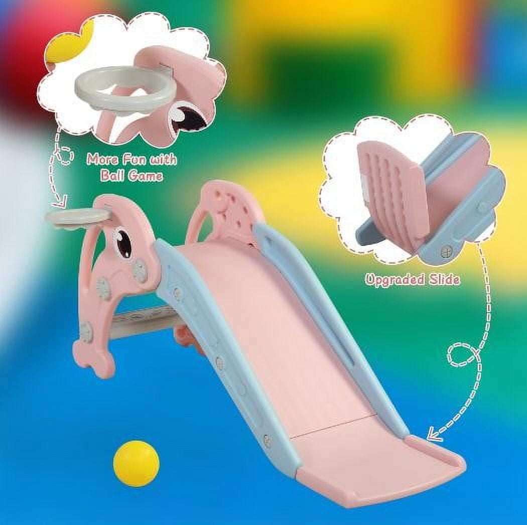 GERI 45 Inch Foldable Kid Toddler Slide Set, 2 IN 1 Slides with Basketball Hoop, Indoor Outdoor Children Playground Toy for 1-8 Year olds, Pink