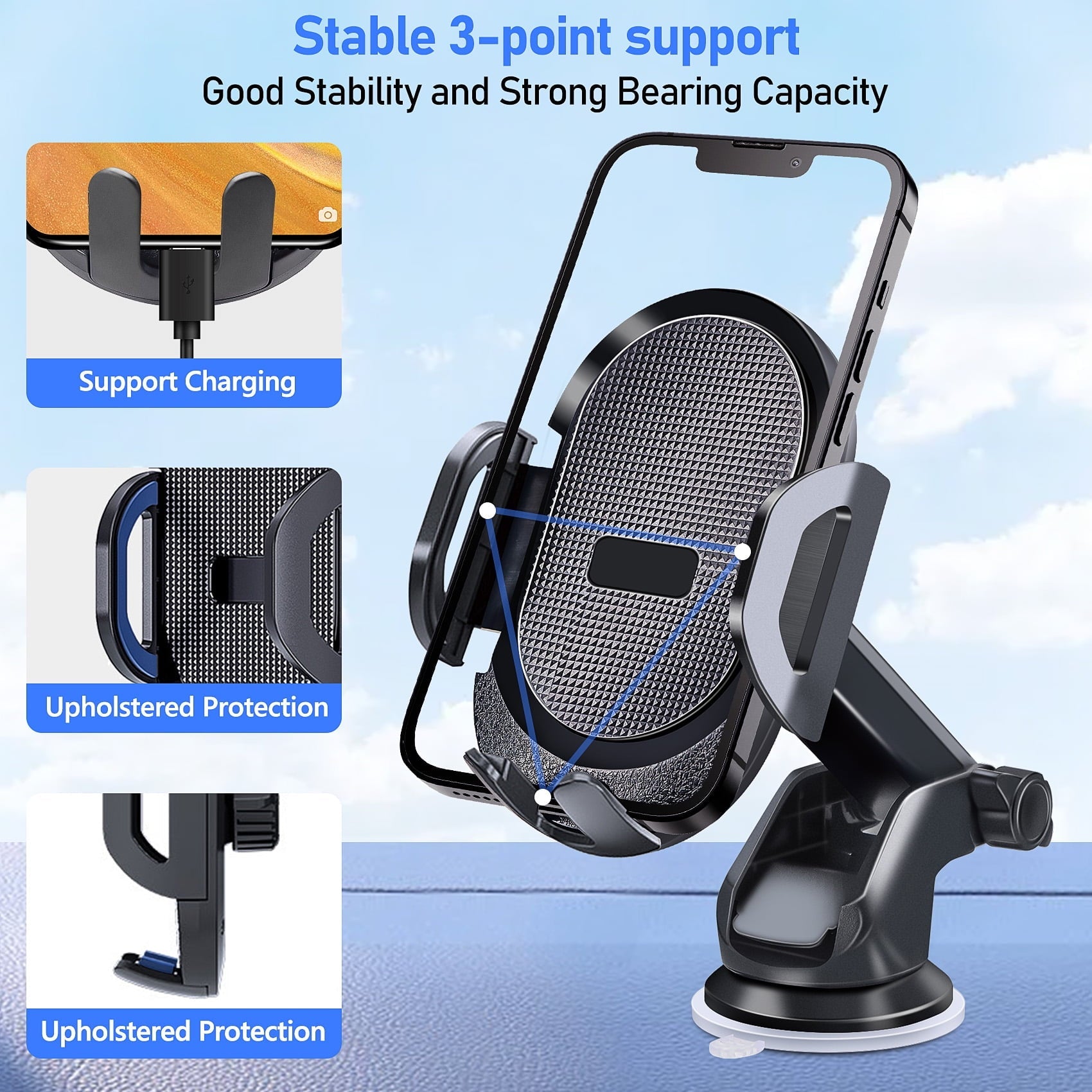 Huryfox Car Phone Holder Universal Mobile Mount for Vehicle, Smartphone Stand on Dashboard, Windshield, Vent, Automobile Cradle Compatible with iPhone, Android Phone