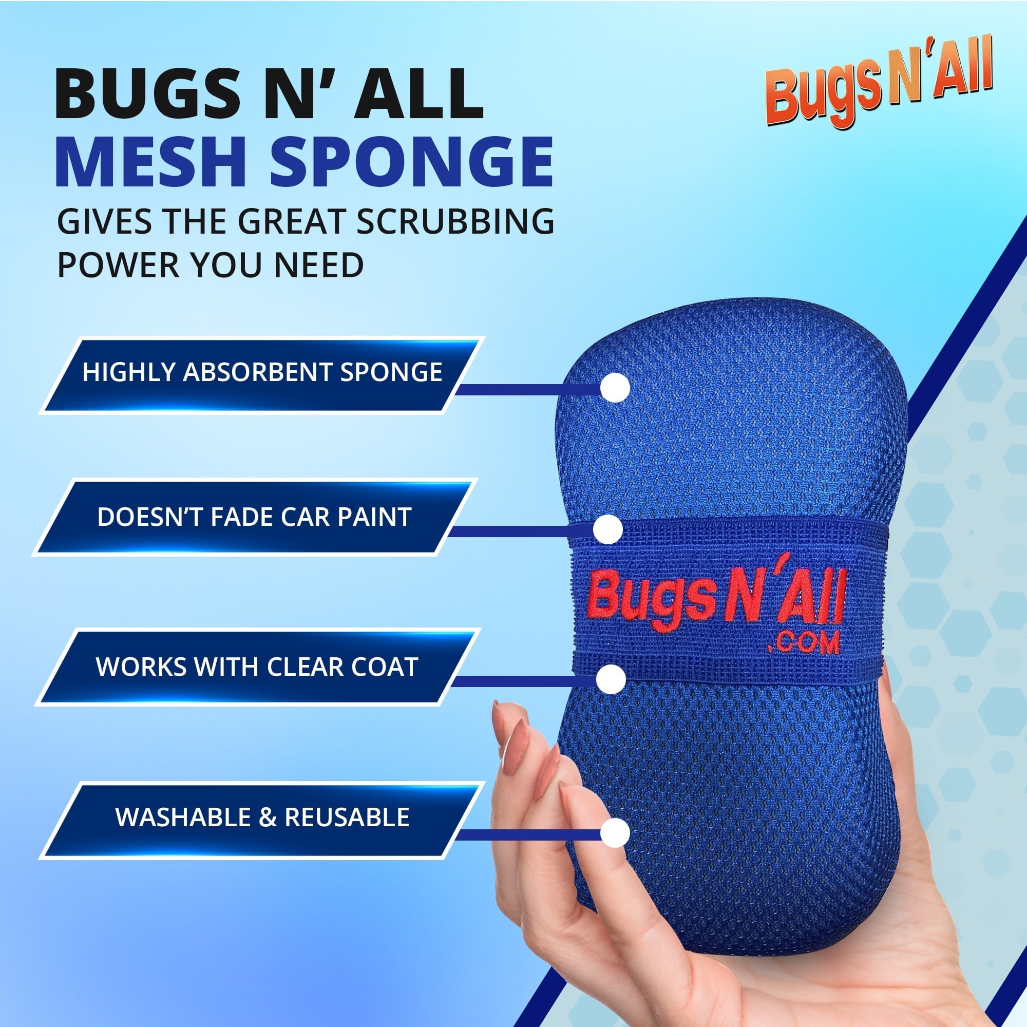 Bugs N All Bug Microfiber Car Wash Sponge - Bug and Tar Remover - Automotive Cleaning Supplies, 1 Sponge