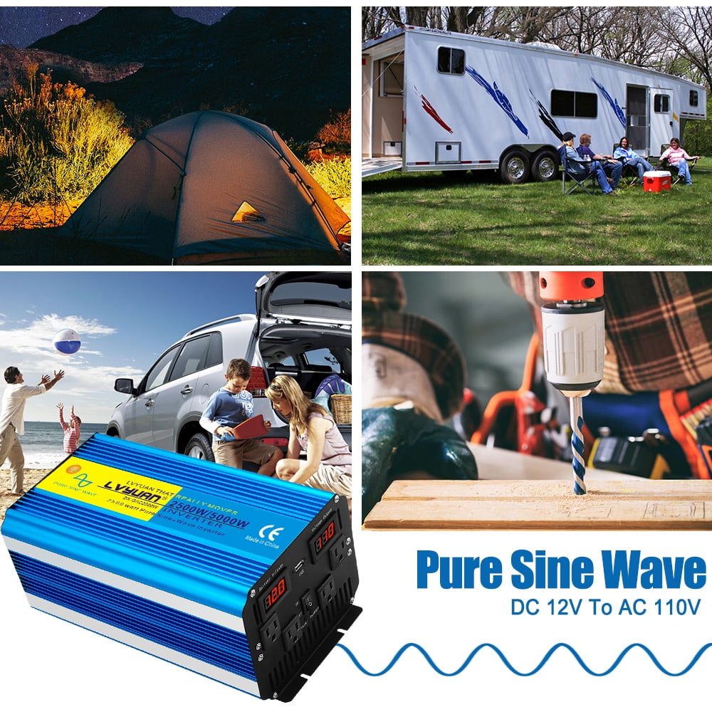 LVYUAN 2500 Watts Pure Sine Wave Power Inverter DC 12V to AC 110V 120V Car RV Converter With USB LED Display Remote Control