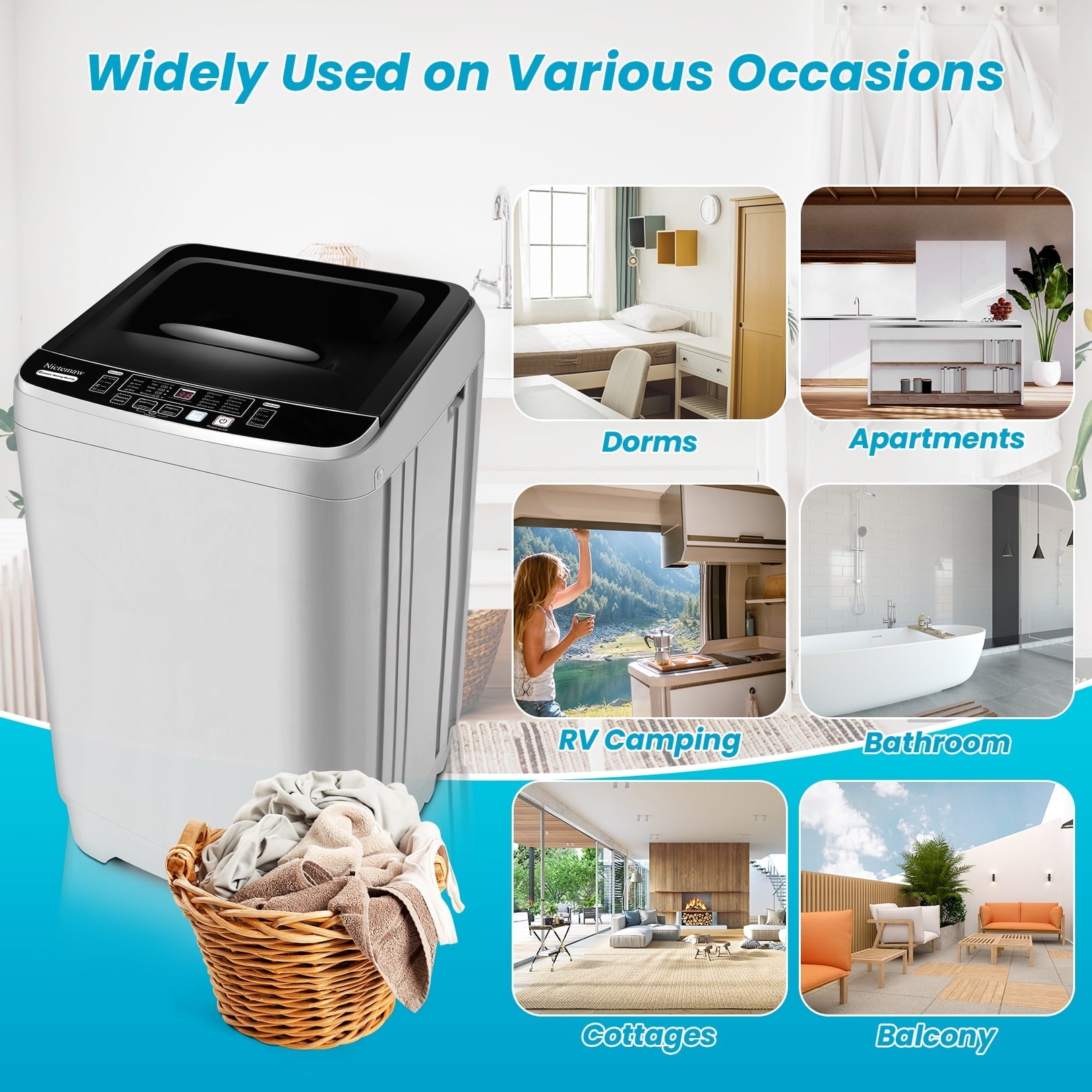 Qhomic Portable Washing Machine, 1.9 Cu.ft Fully Automatic Compact Washer, 10 Wash Programs Washer with Drain Pump, Faucet Adapter, Ideal for Apartments, RVs, Camping, Sapphire Grey