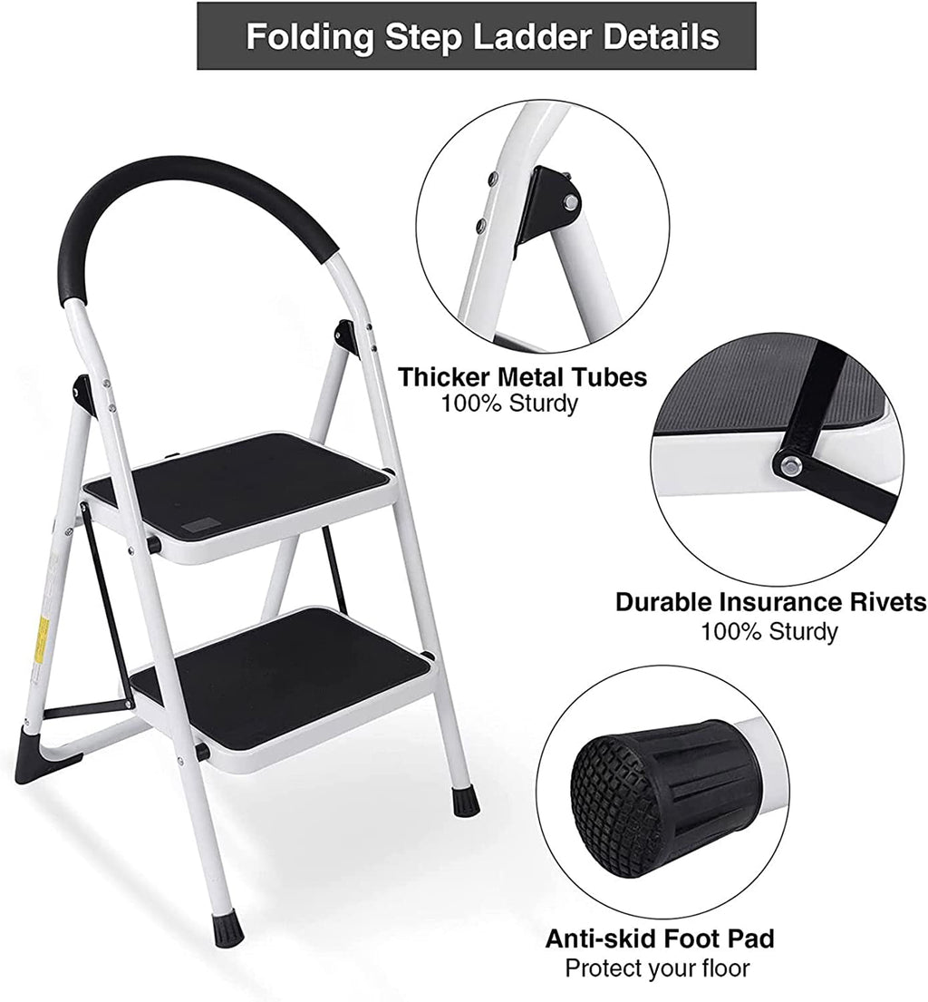 WAYPLUS 2 Step Steel Ladder, Folding Portable Step Stool w/ Non-Slip Feet, Rubber Pads, 330lb Capacity