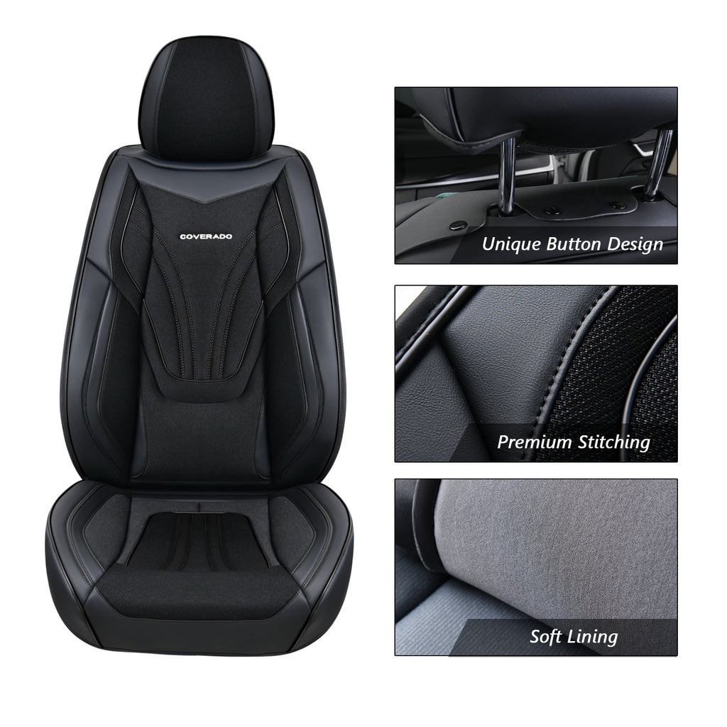 Coverado Seat Cover Full Set, Front and Back Car Seat Protectors, 5 Seats Car Seat Cushions, Breathable Magna Fabric Leather, Universal Fit for Most Cars, SUVs and Trucks, Black
