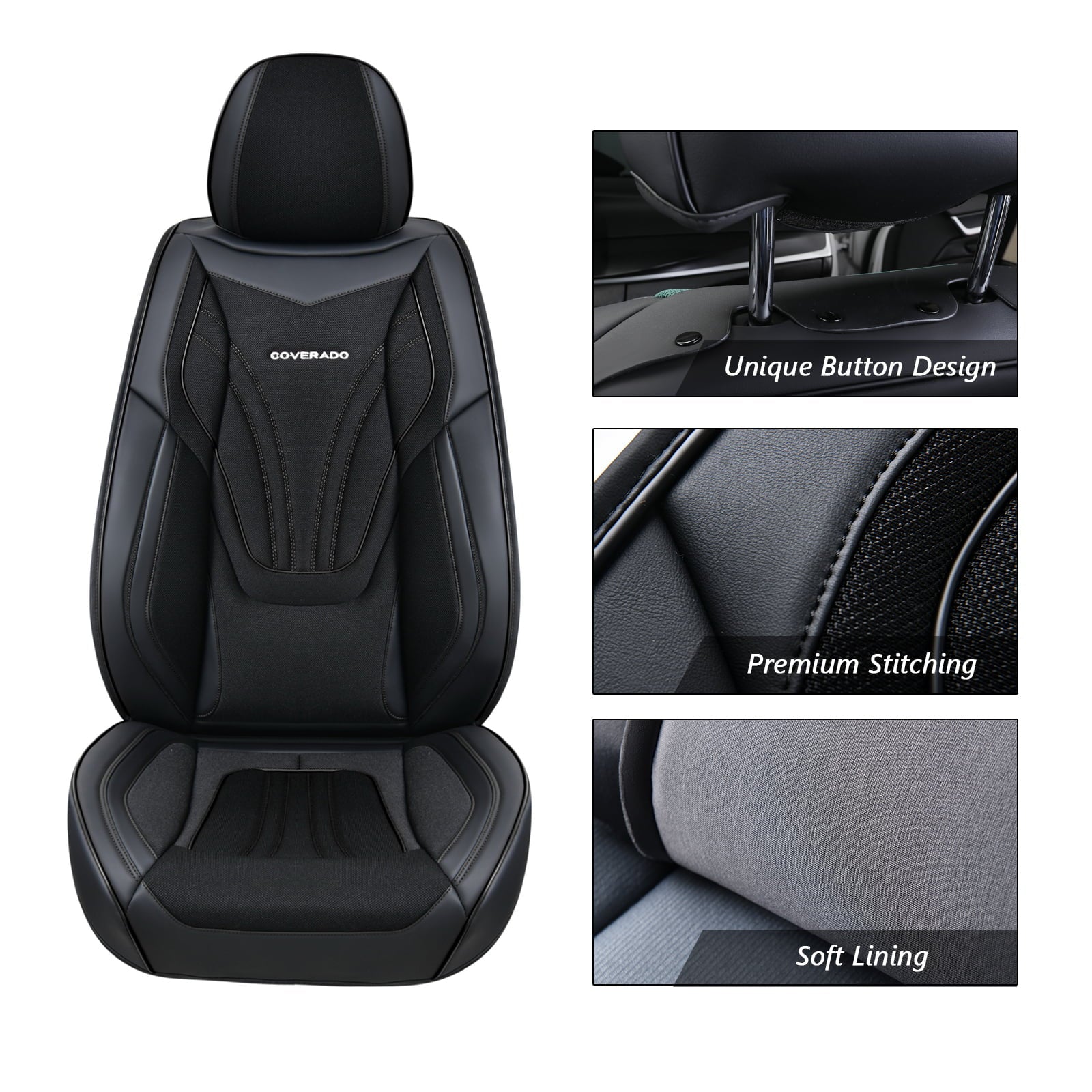 Coverado Seat Cover Full Set, Front and Back Car Seat Protectors, 5 Seats Car Seat Cushions, Breathable Magna Fabric Leather, Universal Fit for Most Cars, SUVs and Trucks, Black