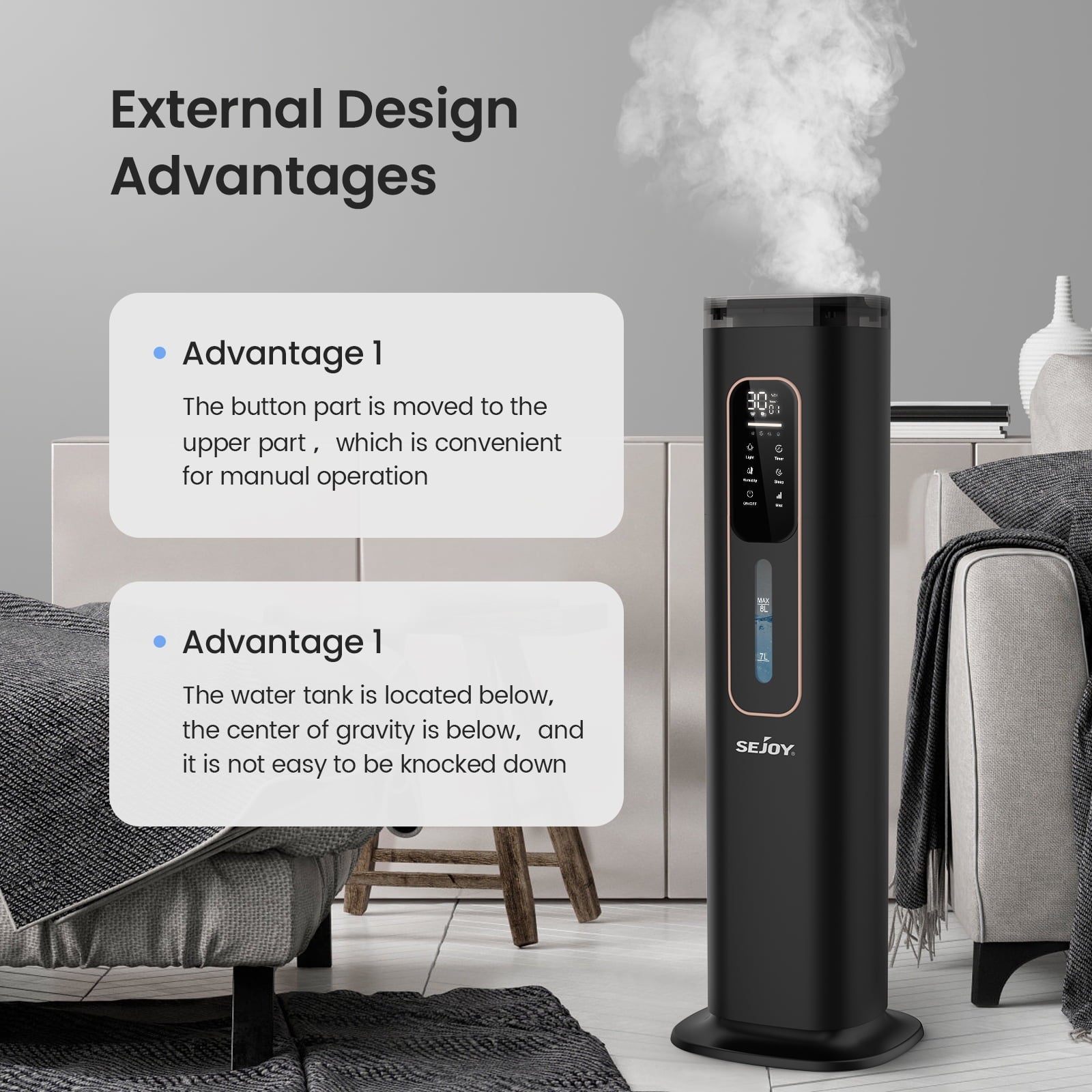 Sejoy Humidifiers for Bedroom Large Room Home，2.1GAL/8L Top Fill Floor Ultrasonic Humidifiers with 3 Mist Speed,Remote,Quiet Humidification for Plants and Baby Infant,Black