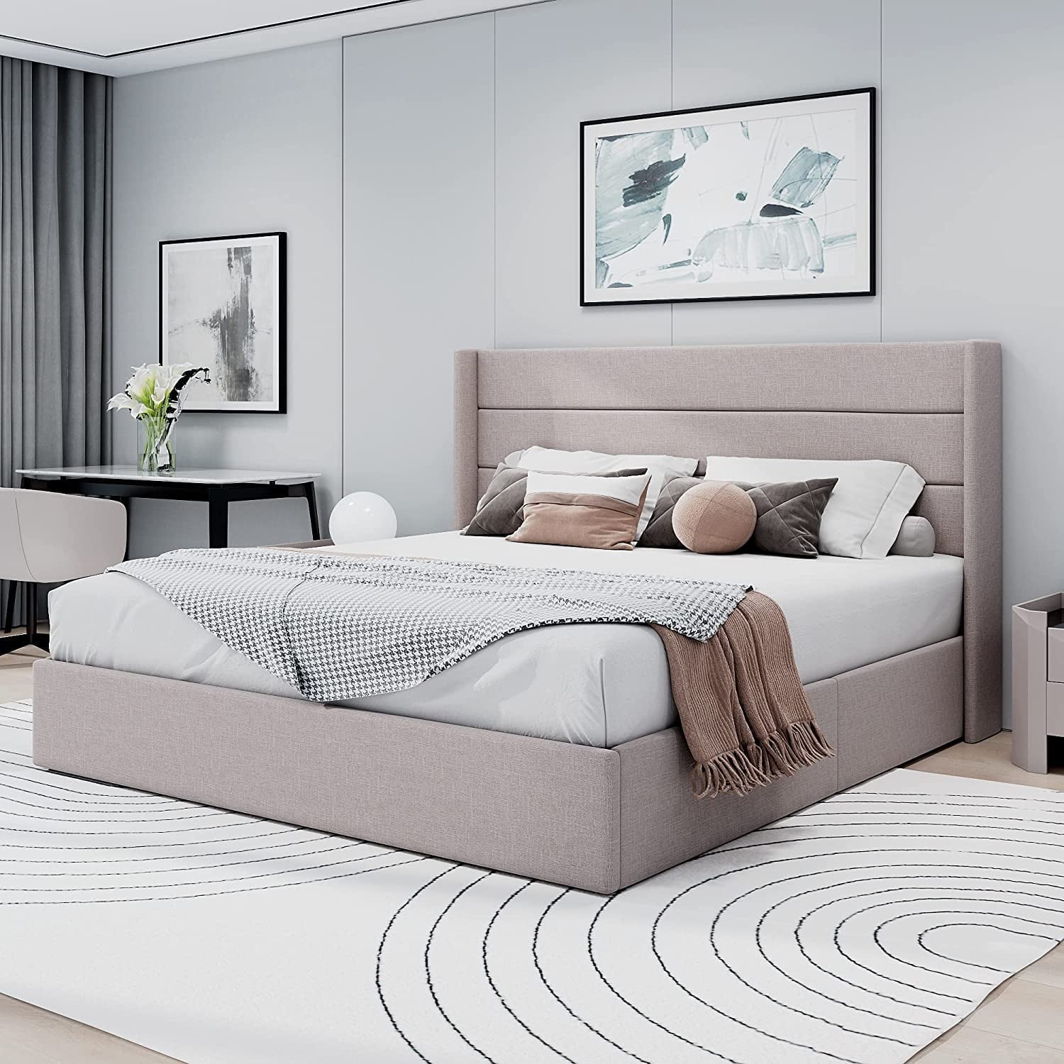 Allewie Queen Size Lift Up Storage Upholstered Bed with Pannel Wingback Headboard, Light Beige
