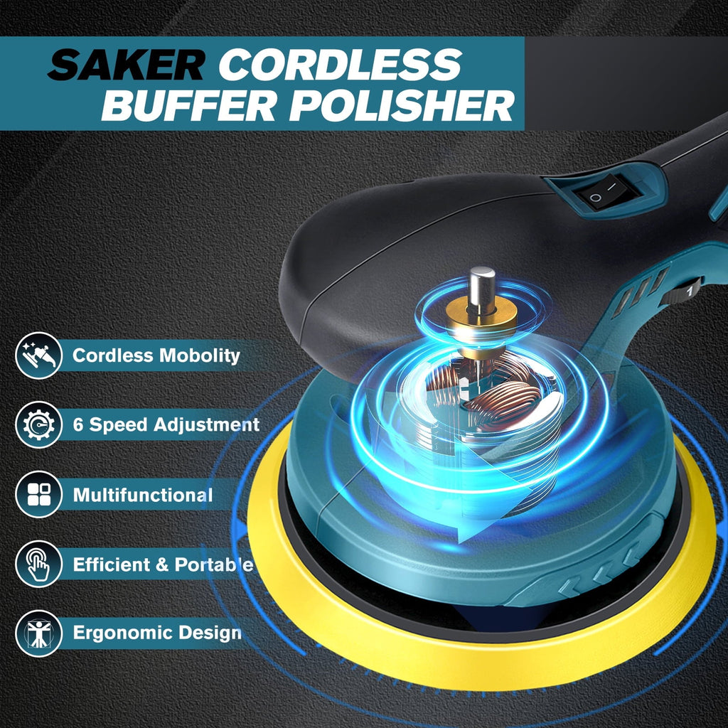 Saker 6 Inch Car Buffer Polisher, Cordless Polishing Machine Kit for Car Detailing, Extra 10PCS Attachments(2PCS 12V 2000mAh Batteries)