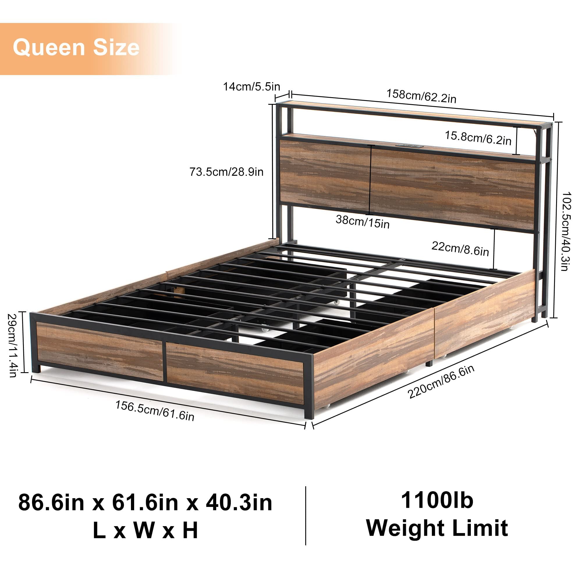 Queen Size Bed Frame with LED Lights Headboard & Storage Drawers - Metal Platform Bed with Power Outlet and USB Ports(Brown-Queen)