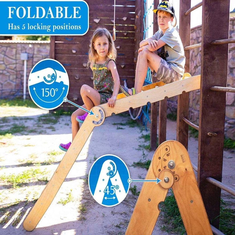 QJUHUNG 2-in-1 Indoor/Outdoor Wooden Playset  Foldable Pickler Triangle and Slide Climbing Board - Montessori  and Toddler Toys  Baby Playground Play Gym for Home and Backyard