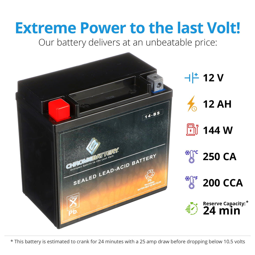 Chrome Battery Ytx14-bs (14-bs 12 Volt,12 Ah, 200 Cca) Motorcycle Battery for Moto Guzzi V9 Bobber, Roamer 853cc - Year (2016 - 2017)