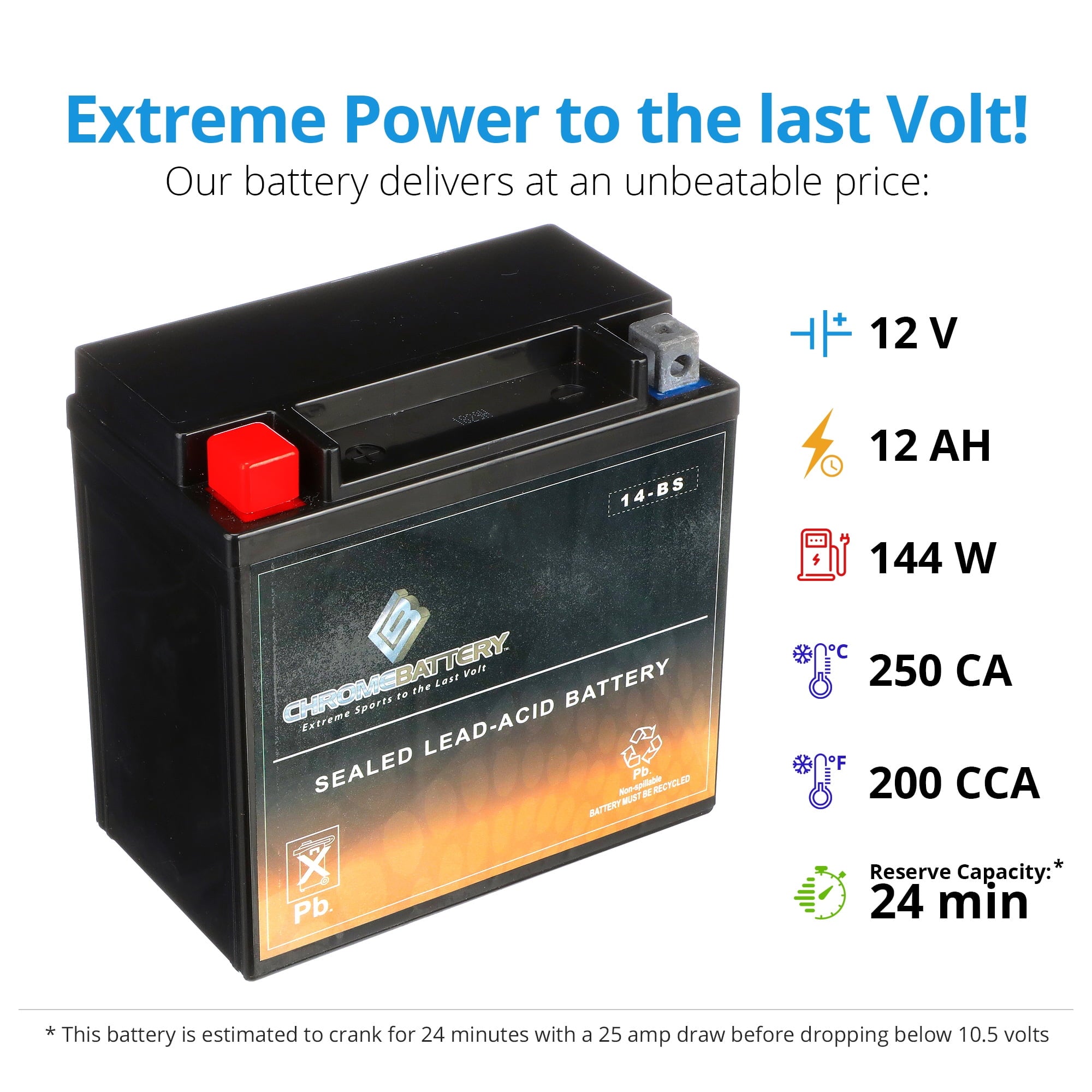 Chrome Battery Ytx14-Bs Motorcycle Battery for Honda Vtx1300C, R, S, Retro 1300Cc Years (2003-2012)