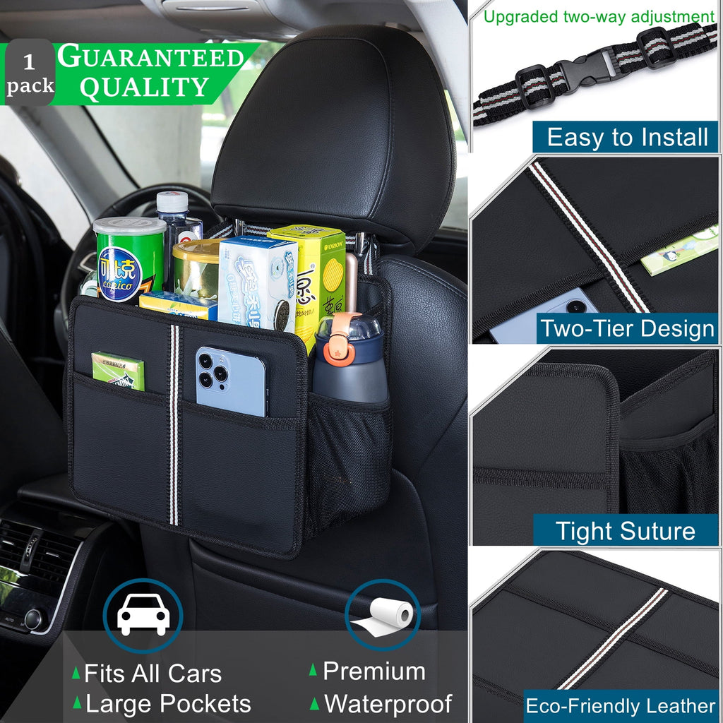 Uplien Car Seat Back Organizer and Storage, Premium PU Leather Hanging Backseat Car Organizer, Ultra-Durable Foldable - Black 11.42" x 9.85"
