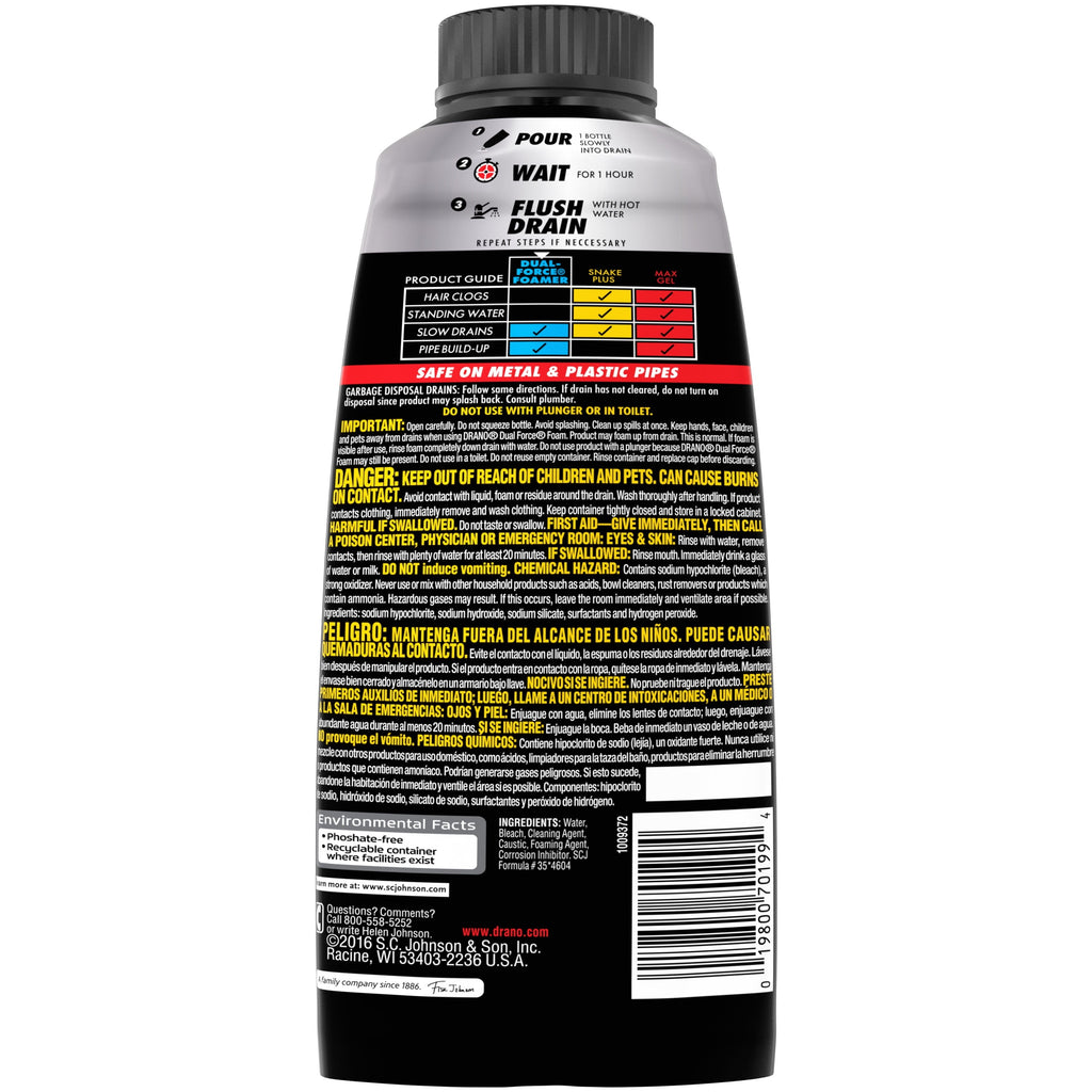 Drano Dual-Force Foamer, Drain Clog Remover, Commercial Line, 17 oz