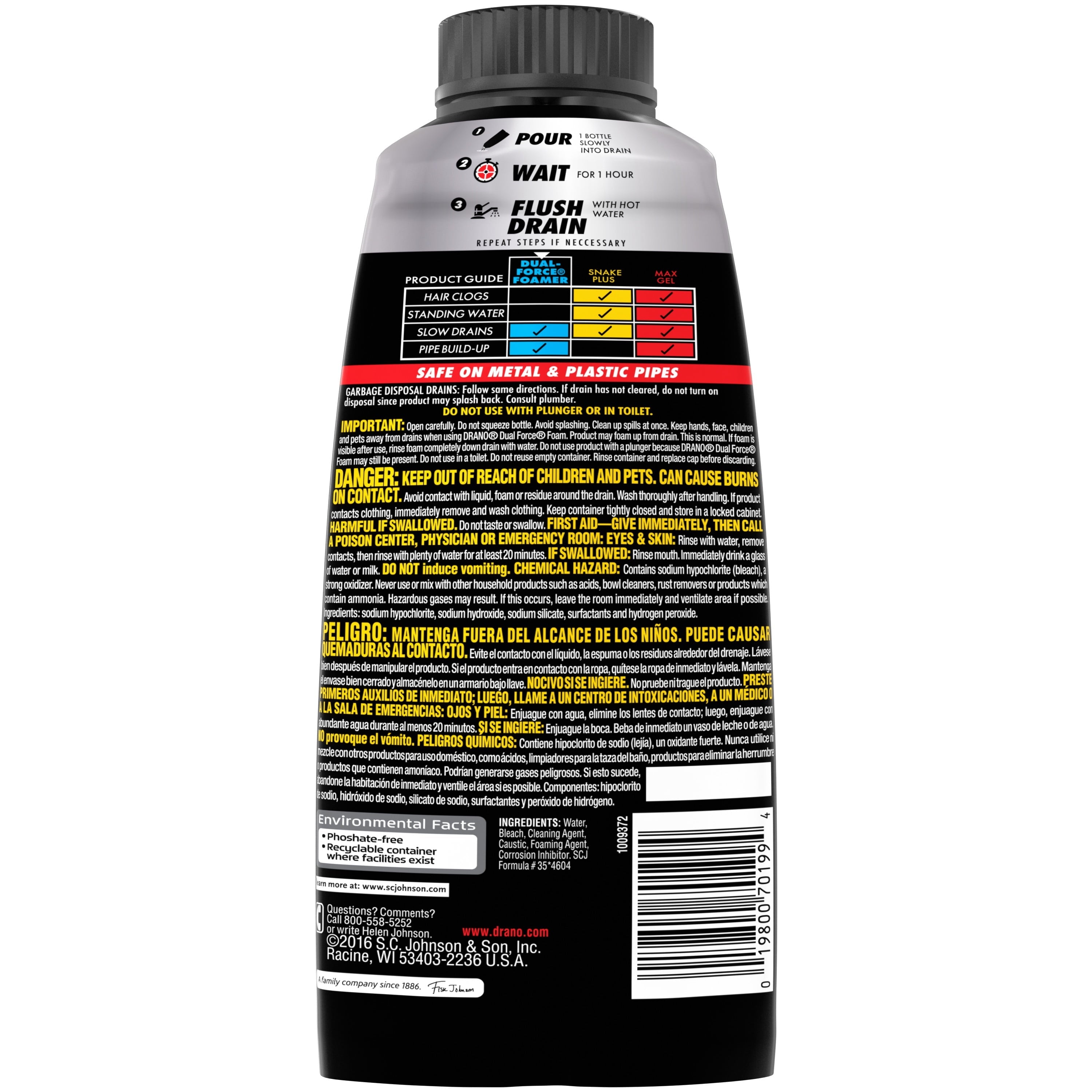 Drano Dual-Force Foamer, Drain Clog Remover, Commercial Line, 17 oz