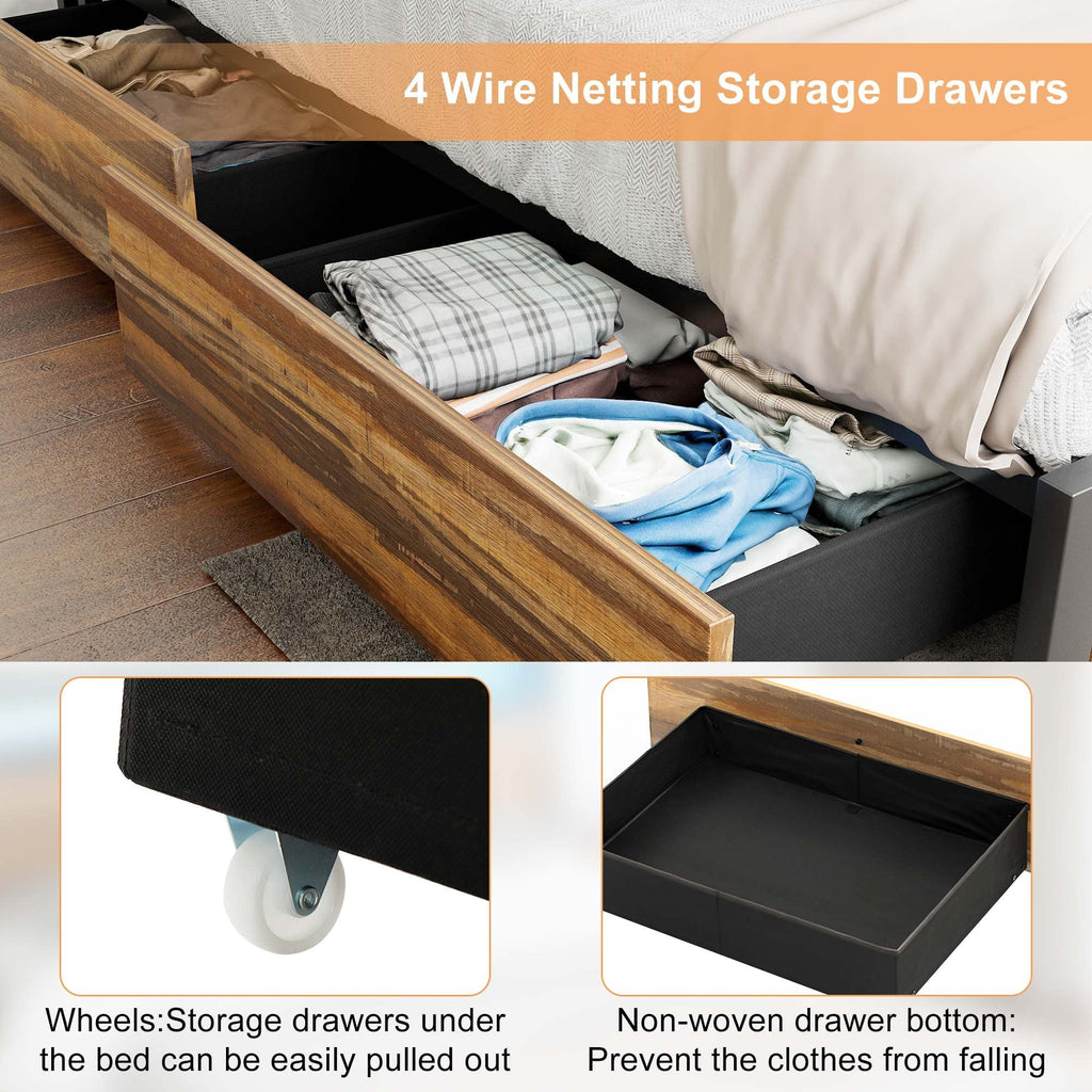 Queen Size Bed Frame with LED Lights Headboard & Storage Drawers - Metal Platform Bed with Power Outlet and USB Ports(Brown-Queen)