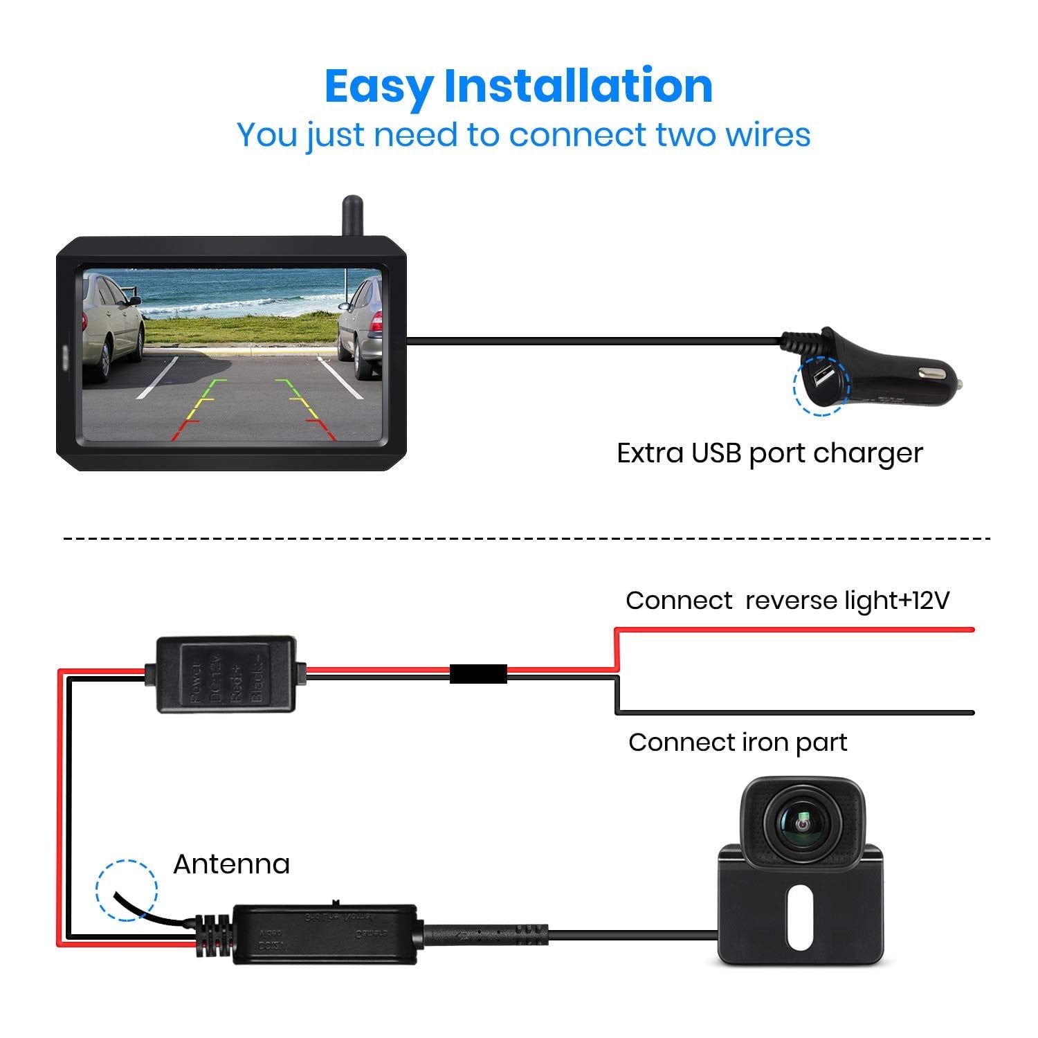 Auto-Vox Backup Camera Wireless 5'' Monitor Kit, Waterproof Rear View Camera Reversing Parking System for Trucks, SUV, and Universal Cars
